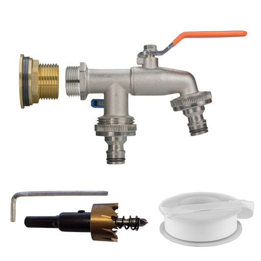 AP Supplies Water Butt Brass Kit 3/4" with Double Quick Connect Tap and Drill Bit