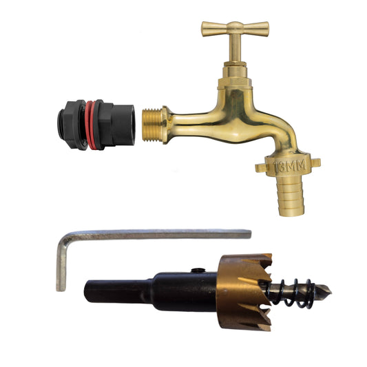 AP Supplies Water Butts Kit 1/2" With Polish Brass Tap 13mm Outlet and Drill Bit
