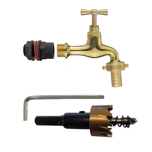 AP Supplies Water Butts Kit 1/2" With Polish Brass Tap 15mm Outlet and Drill Bit