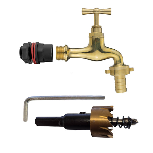 AP Supplies Water Butts Kit 1/2" With Polish Brass Tap 19mm Outlet and Drill Bit