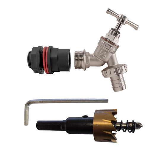 AP Supplies Water Butt Kit 1/2" with Nickel Plated Barbed Tap and Drill Bit