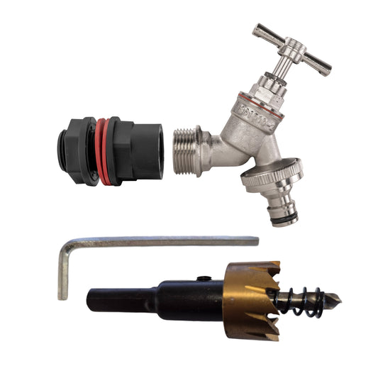 AP Supplies Water Butt Kit 1/2" with Nickel Plated Quick Connect Tap and Drill Bit