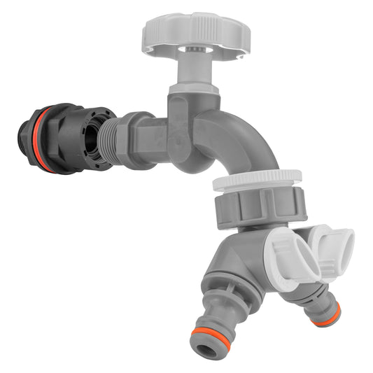 Water Butt Kit 1/2in with Grey Dial Tap + Two-Way Splitter for Hose Pipe Fitting