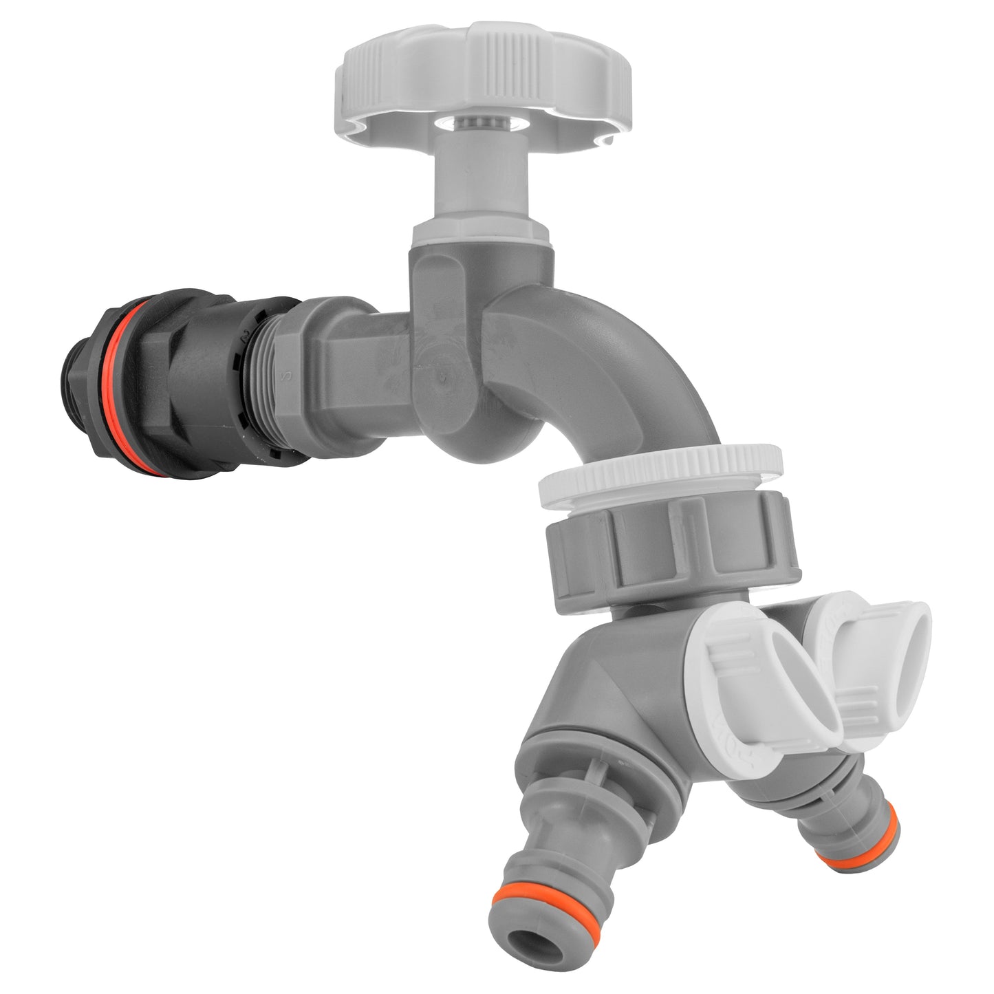Water Butt Kit 1/2in with Grey Dial Tap + Two-Way Splitter for Hose Pipe Fitting