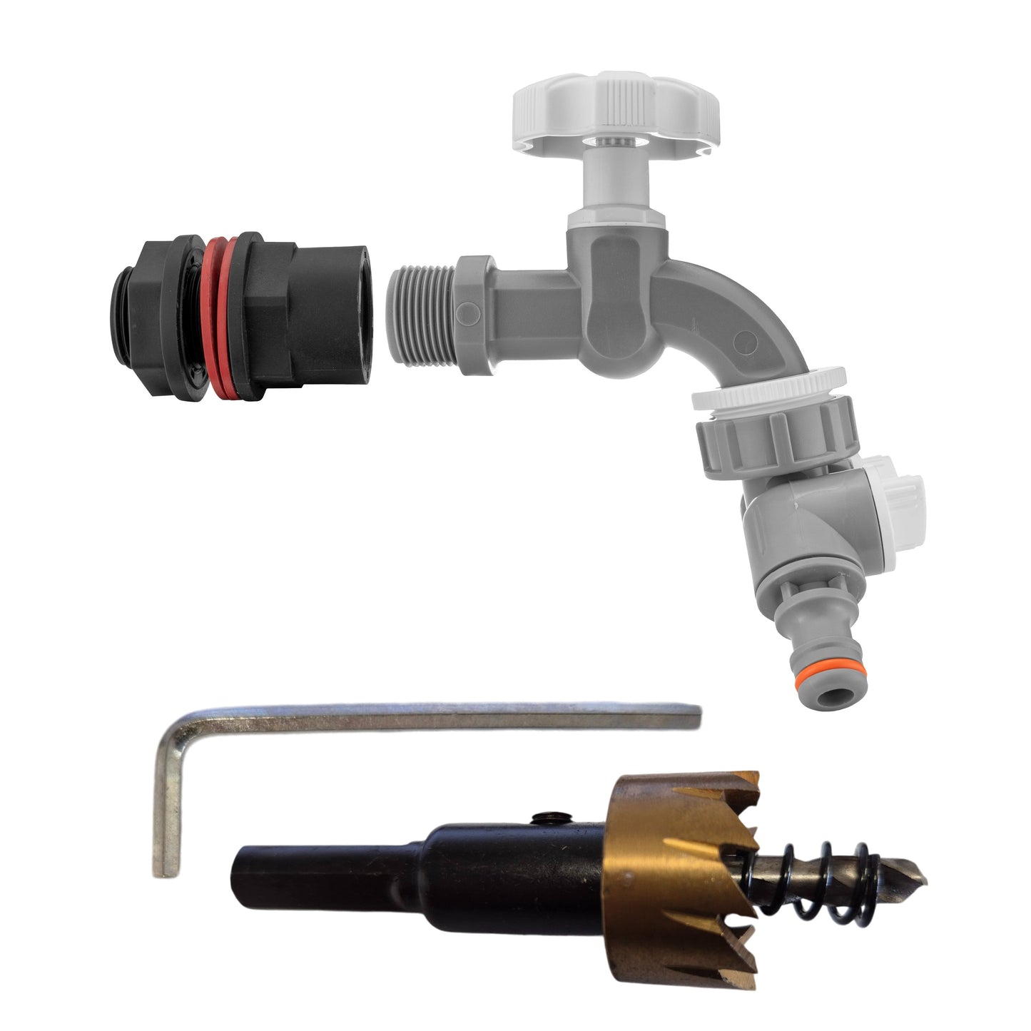 AP Supplies Water Butt Kit 1/2" with Grey Dial Tap + Two-Way Splitter and Drill Bit