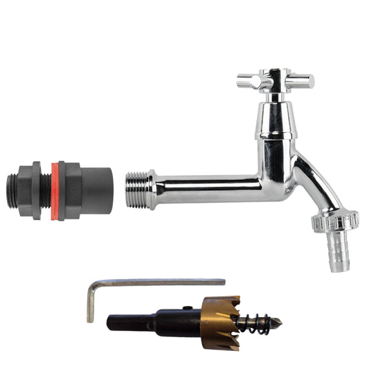 AP Supplies Water Butt Kit 1/2" with Extended Brass Chrome Tap ½” Barb and Drill Bit