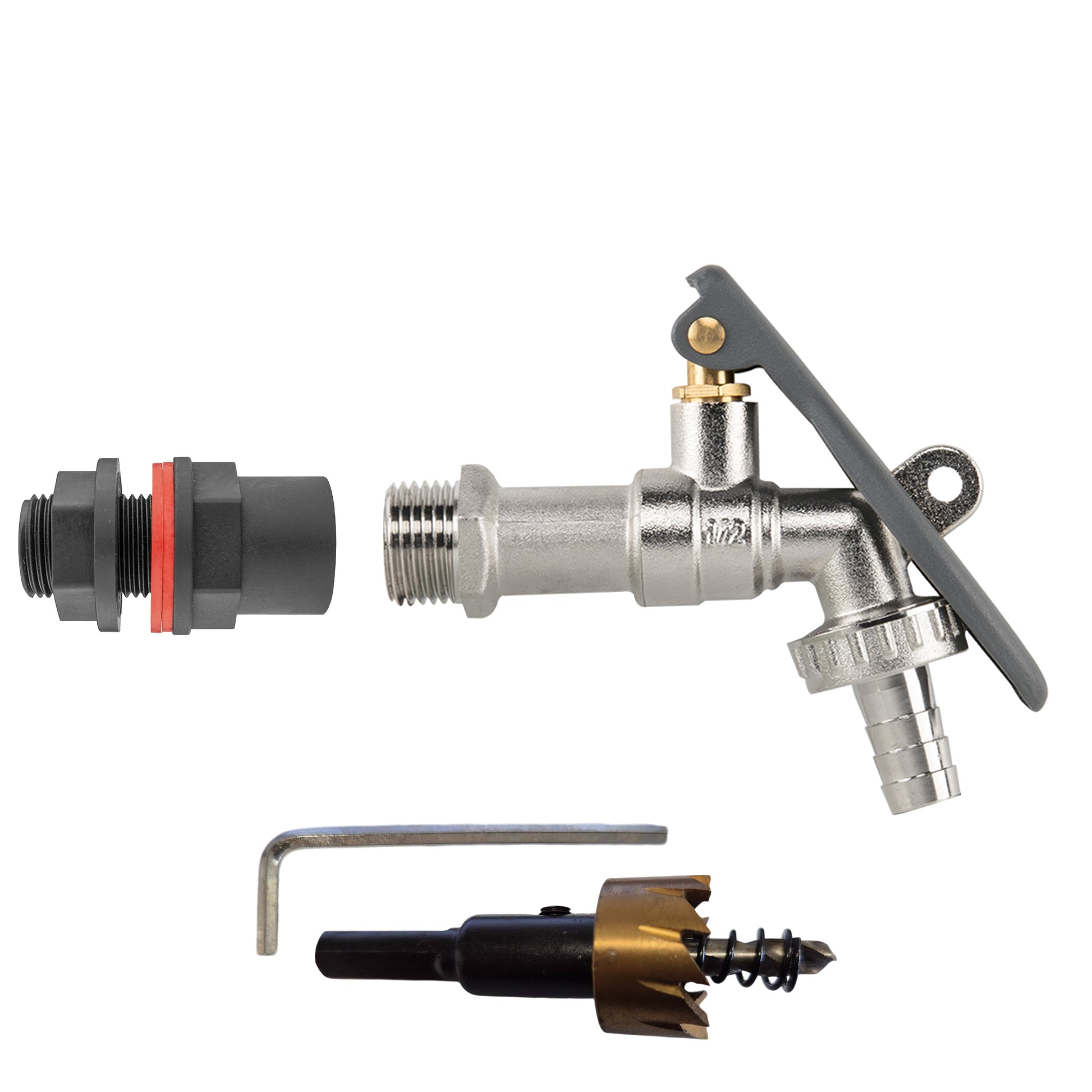 AP Supplies Water Butt Kit 1/2" with Lever Tap Hose Barb and Lever Lock and Drill Bit