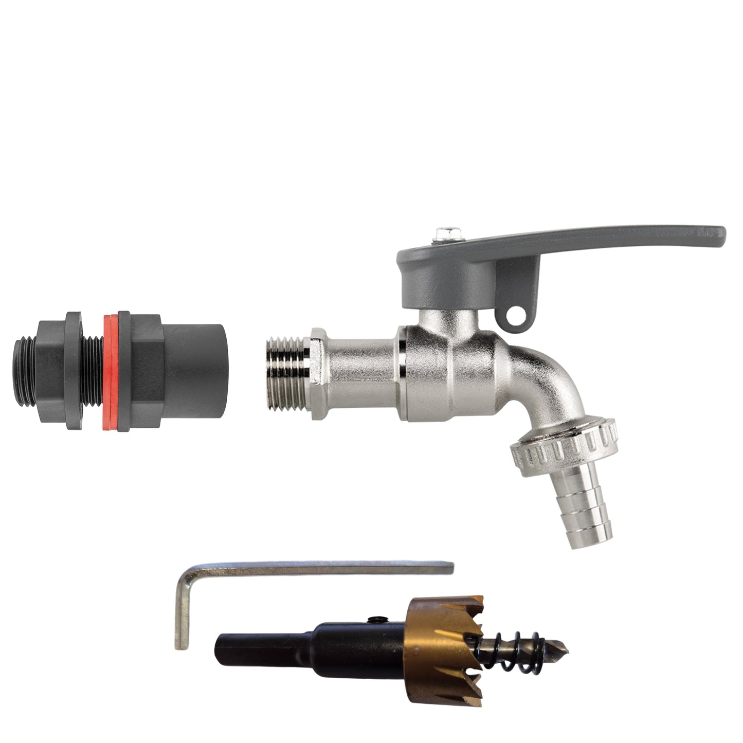 AP Supplies Water Butt Kit 1/2" with Lever Tap Hose Barb and Side Lock and Drill Bit