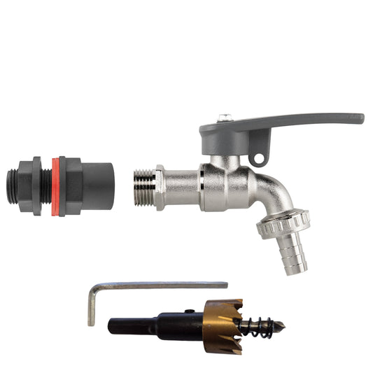 AP Supplies Water Butt Kit 1/2" with Lever Tap Hose Barb and Side Lock and Drill Bit
