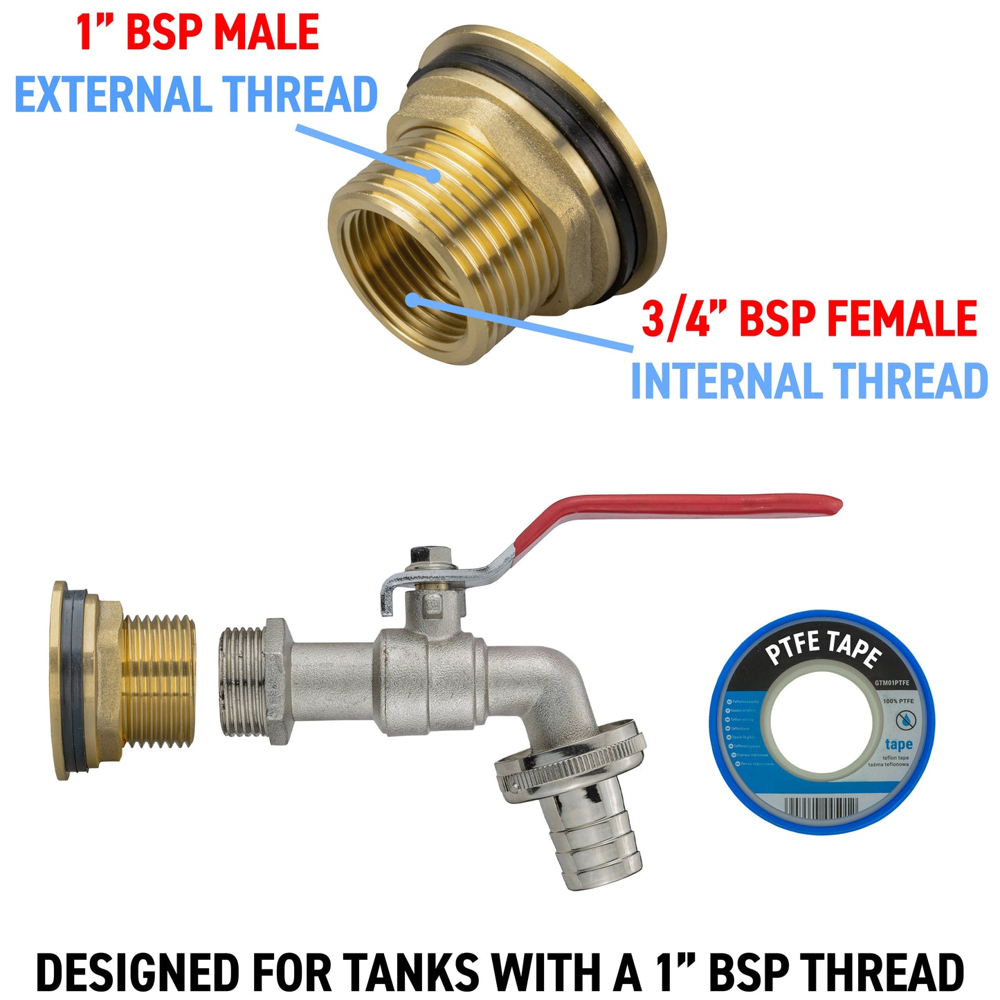 Water Butt Brass Kit 1in with Barbed Lever Tap Hose Pipe Fitting Water Connector