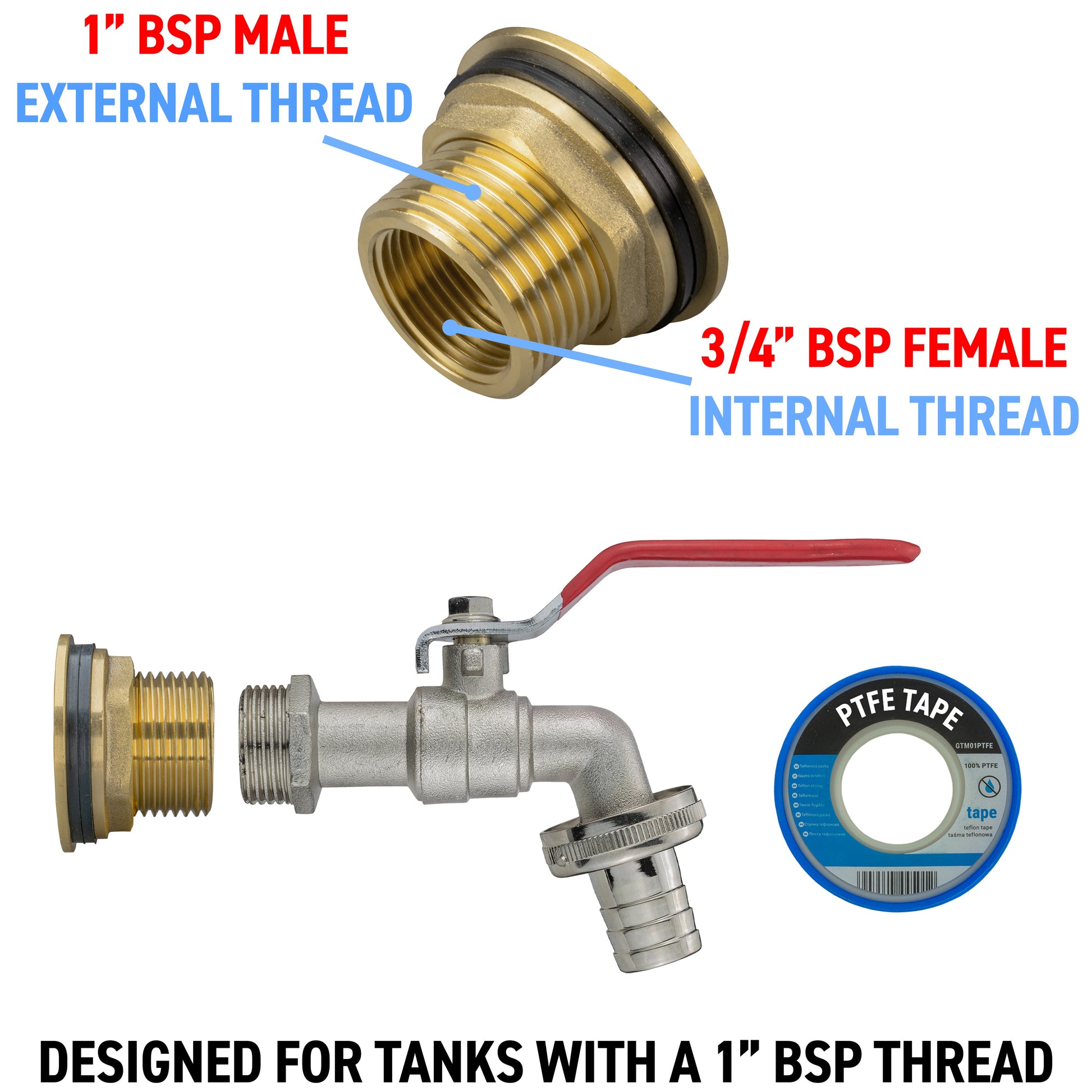 AP Supplies Water Butt Brass Kit 1" with Barbed Lever Tap and Drill Bit