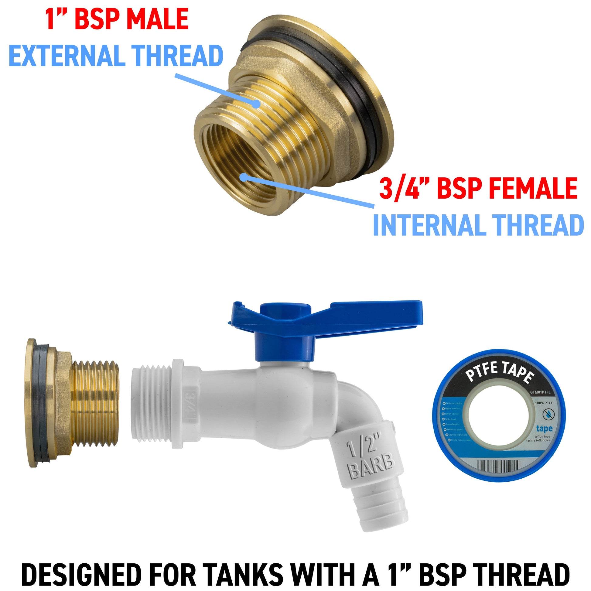 AP Supplies Water Butt Brass Kit 1" with White PVC Tap and Drill Bit