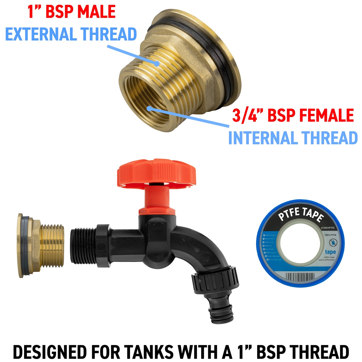 AP Supplies Water Butt Brass Kit 1" with Black Dial Tap and Drill Bit