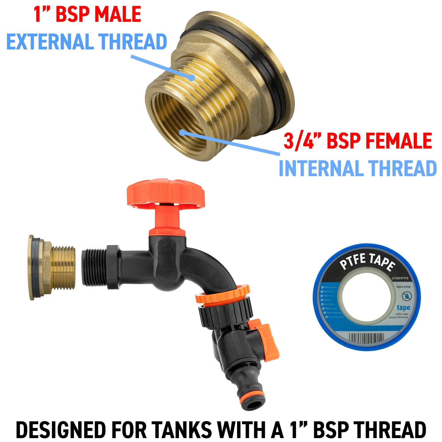 AP Supplies Water Butt Brass Kit 1" with Black Dial Tap + Two-Way Splitter and Drill Bit