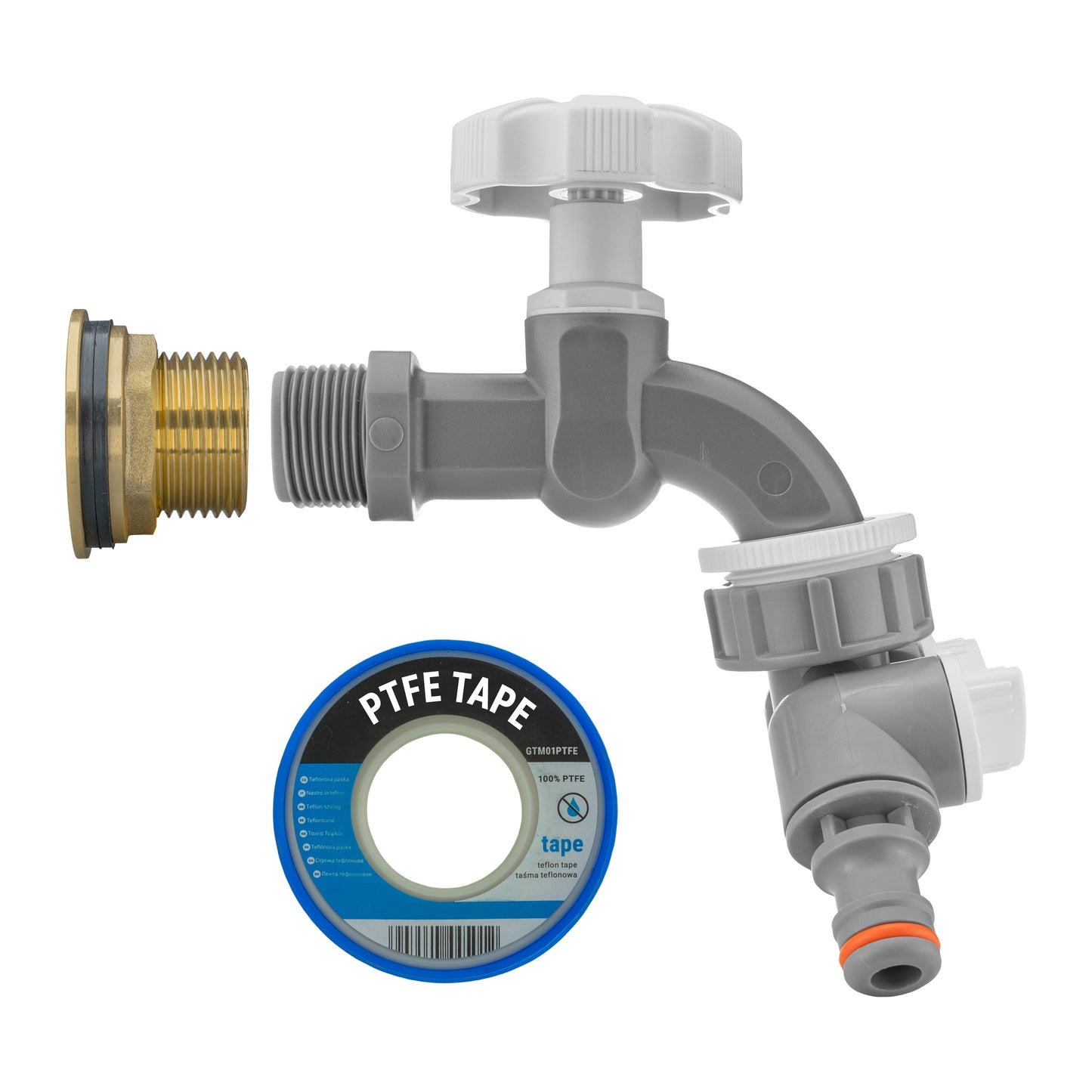 Water Butt Brass Kit 1in with Grey Dial Tap + Two-Way Splitter Hose Pipe Fitting