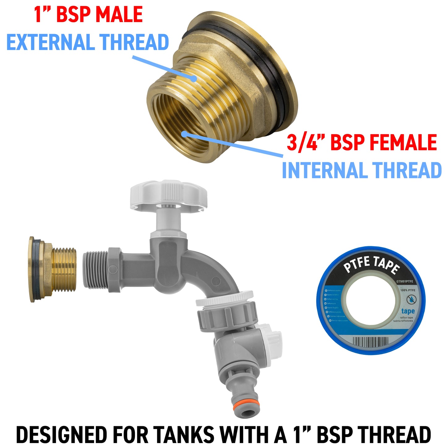 Water Butt Brass Kit 1in with Grey Dial Tap + Two-Way Splitter Hose Pipe Fitting