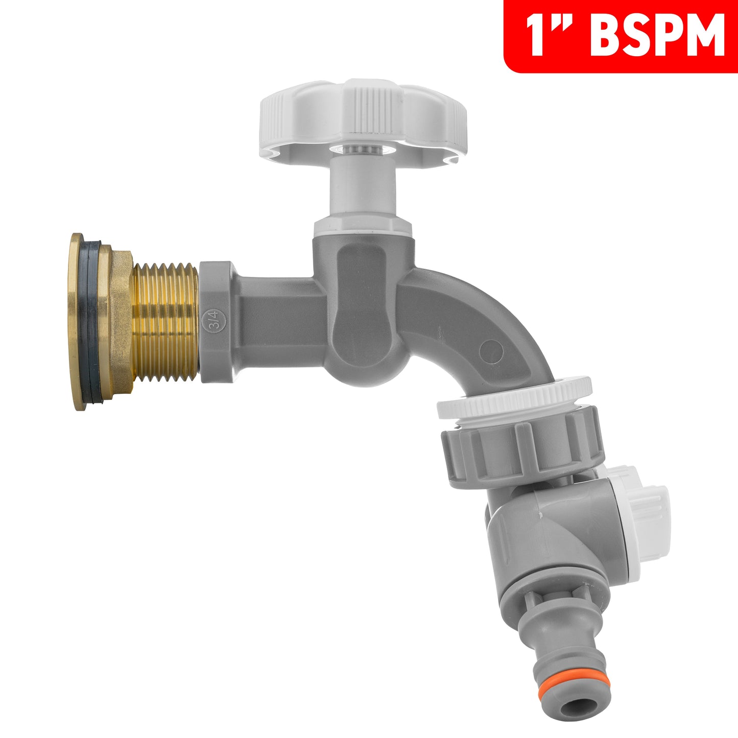 Water Butt Brass Kit 1in with Grey Dial Tap + Two-Way Splitter Hose Pipe Fitting