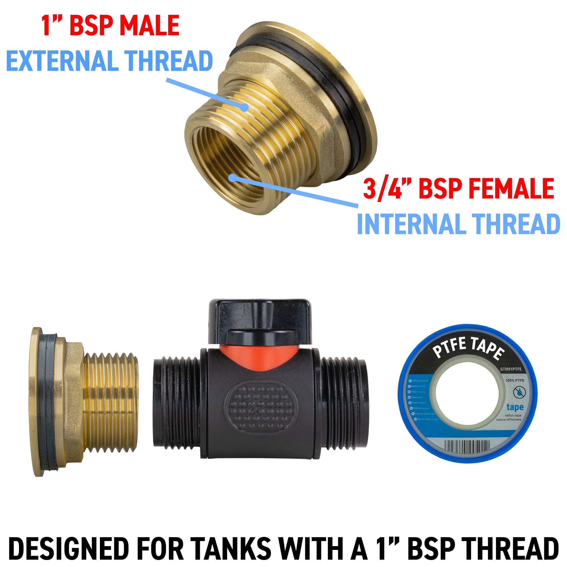 AP Supplies Water Butt Brass Kit 1" with 3/4" BSP In-Line Valve and Drill Bit