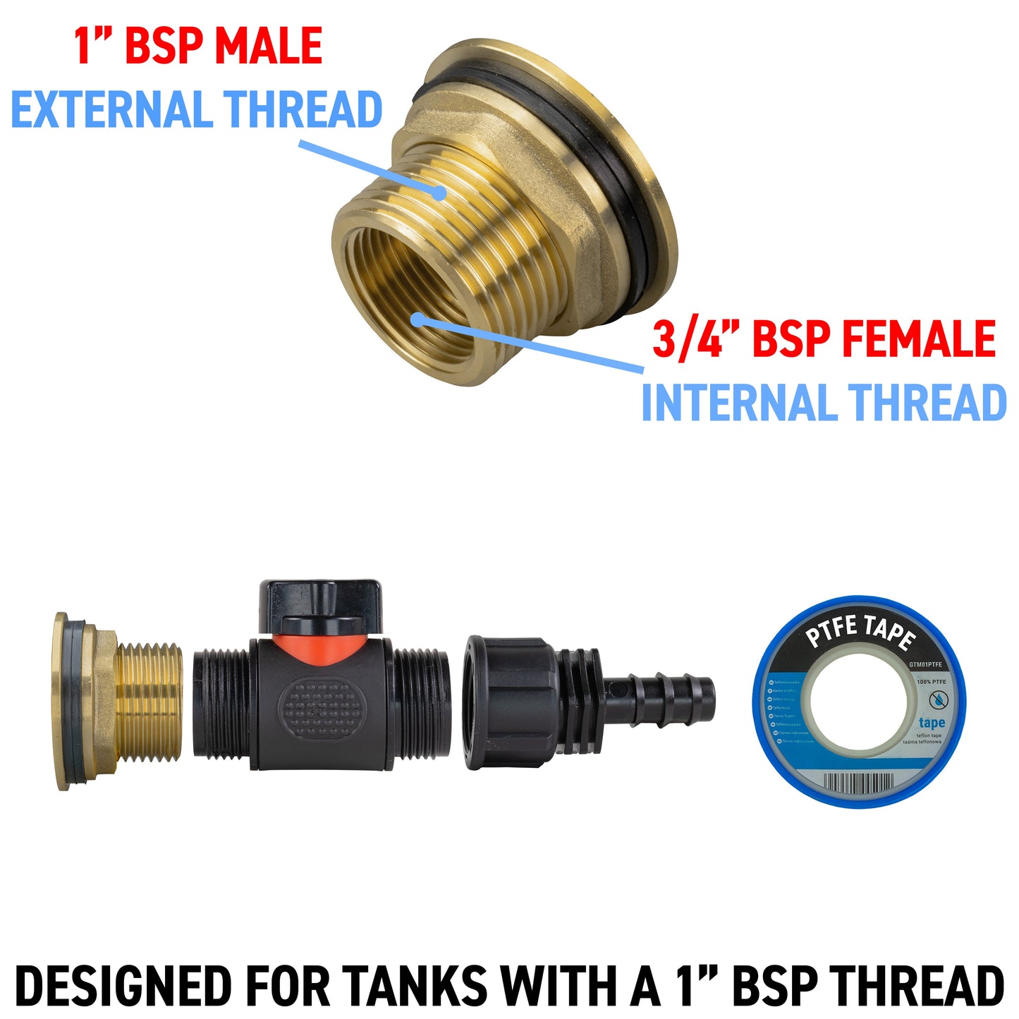 AP Supplies Water Butt Brass Kit 1" with In-Line Valve + 16mm Barb and Drill Bit