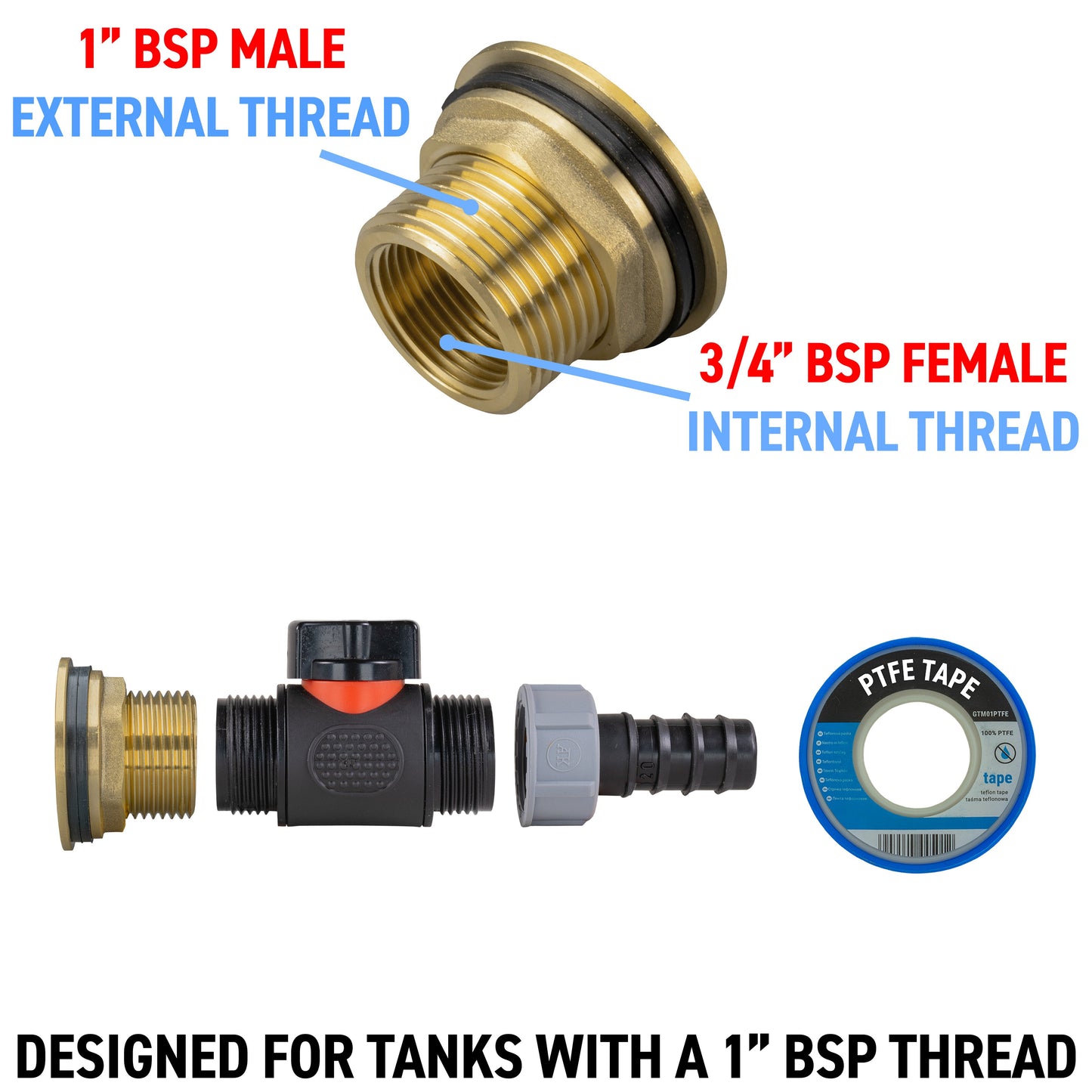 AP Supplies Water Butt Brass Kit 1" with In-Line Valve + 20mm Barb and Drill Bit