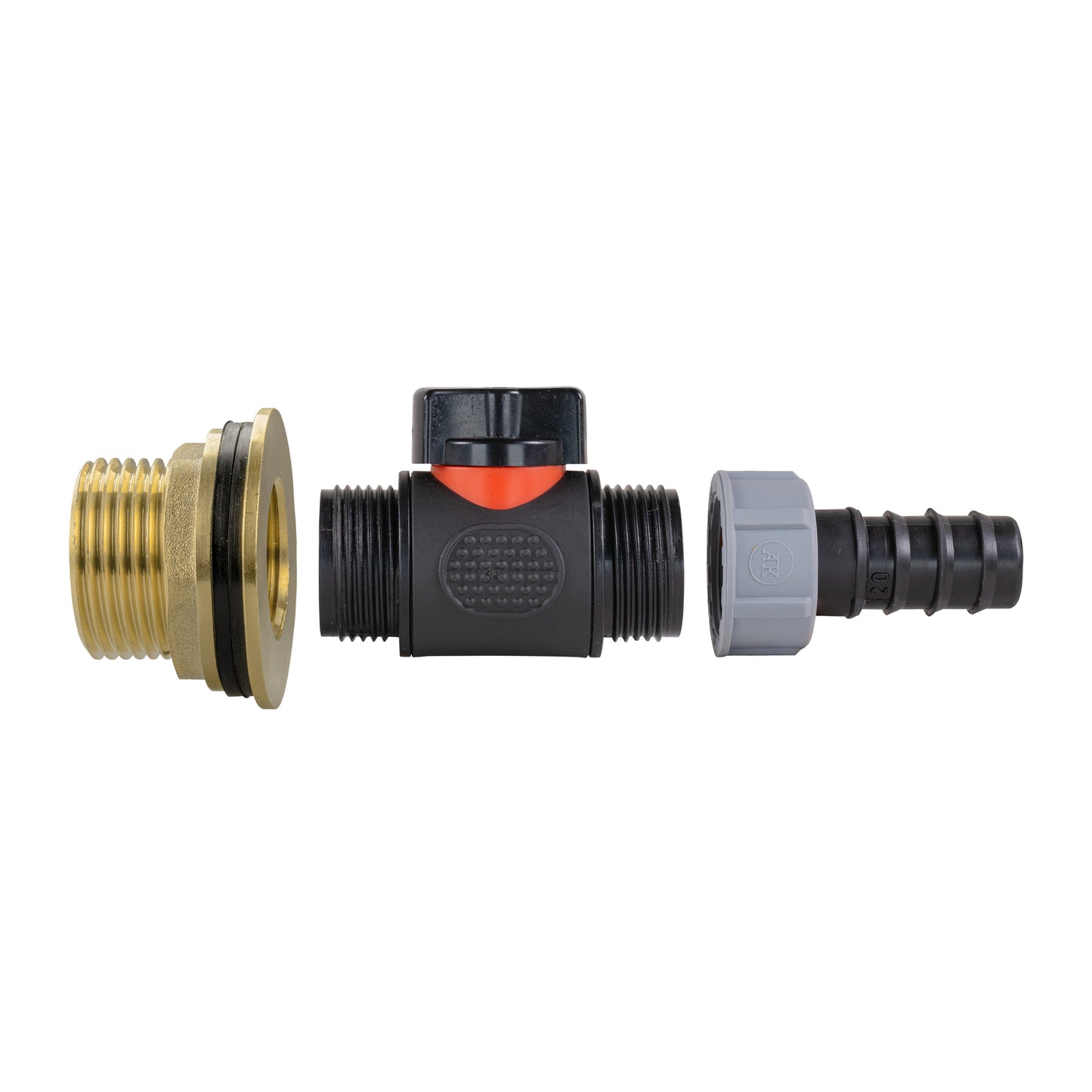 Water Butt Brass Kit 1in with In-Line Valve + 20mm Barb for Outdoor Watering Kit