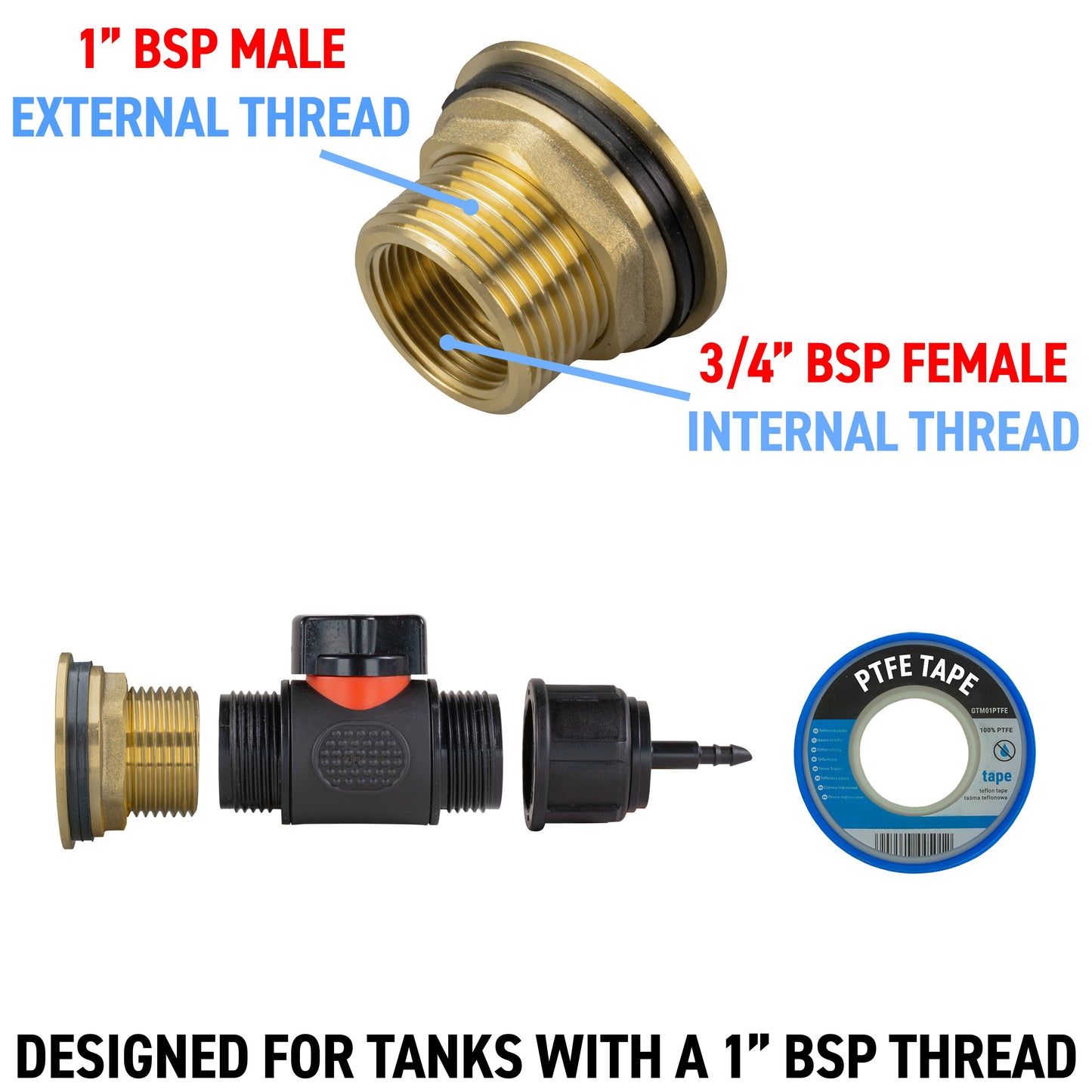 AP Supplies Water Butt Brass Kit 1" with In-Line Valve + 4mm Barb and Drill Bit