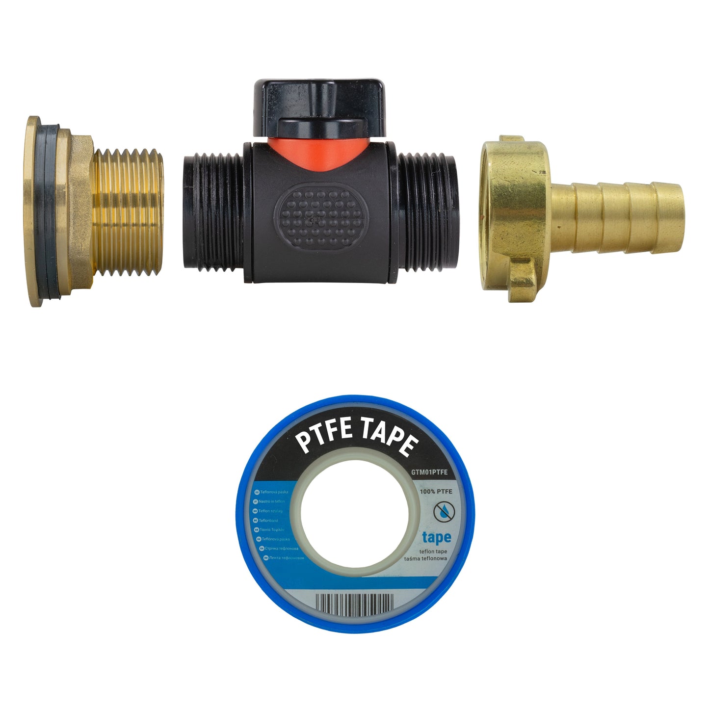 AP Supplies Water Butt Brass Kit 1" with In-Line Valve + 1/2" Brass Barb and Drill Bit