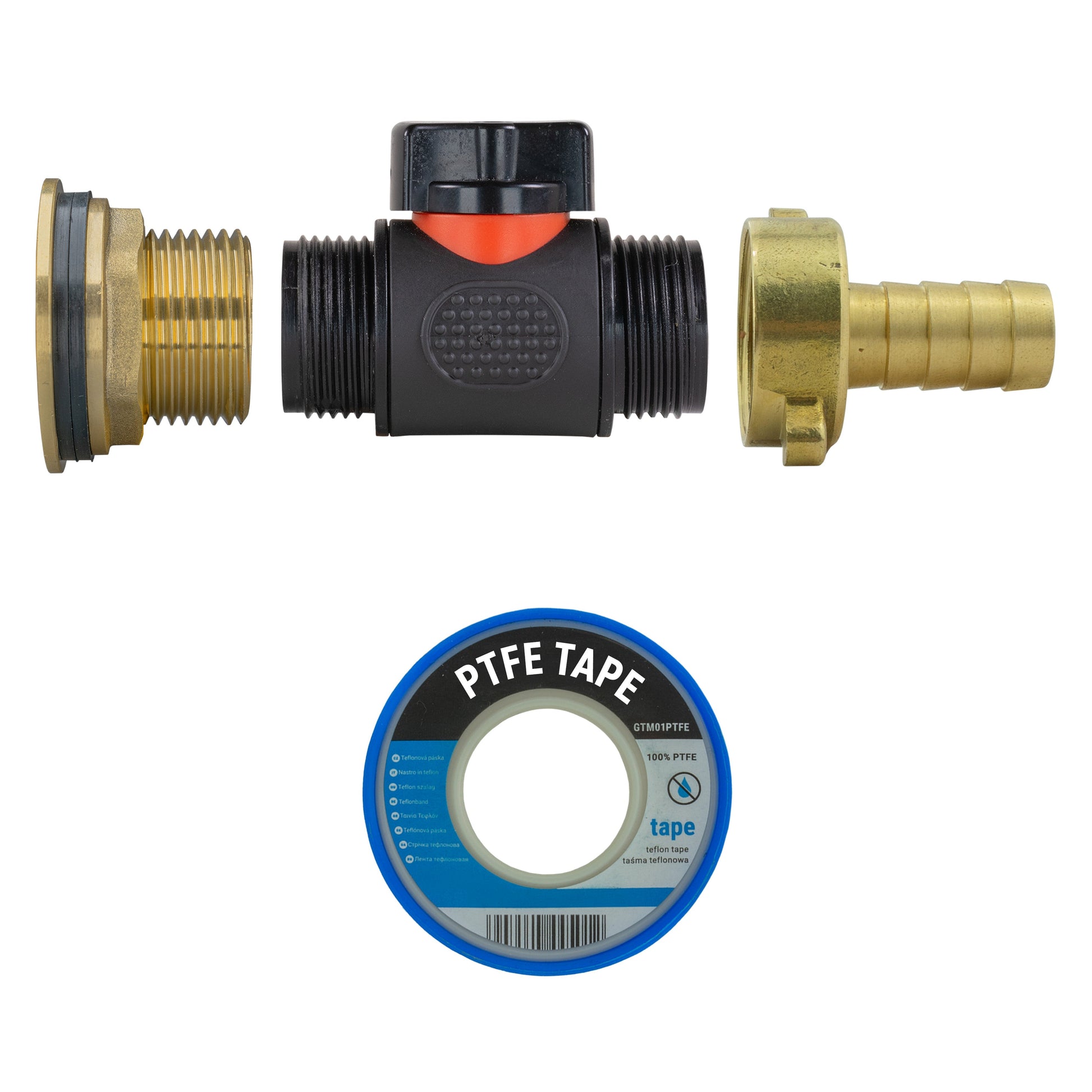 AP Supplies Water Butt Brass Kit 1" with In-Line Valve + 1/2" Brass Barb and Drill Bit