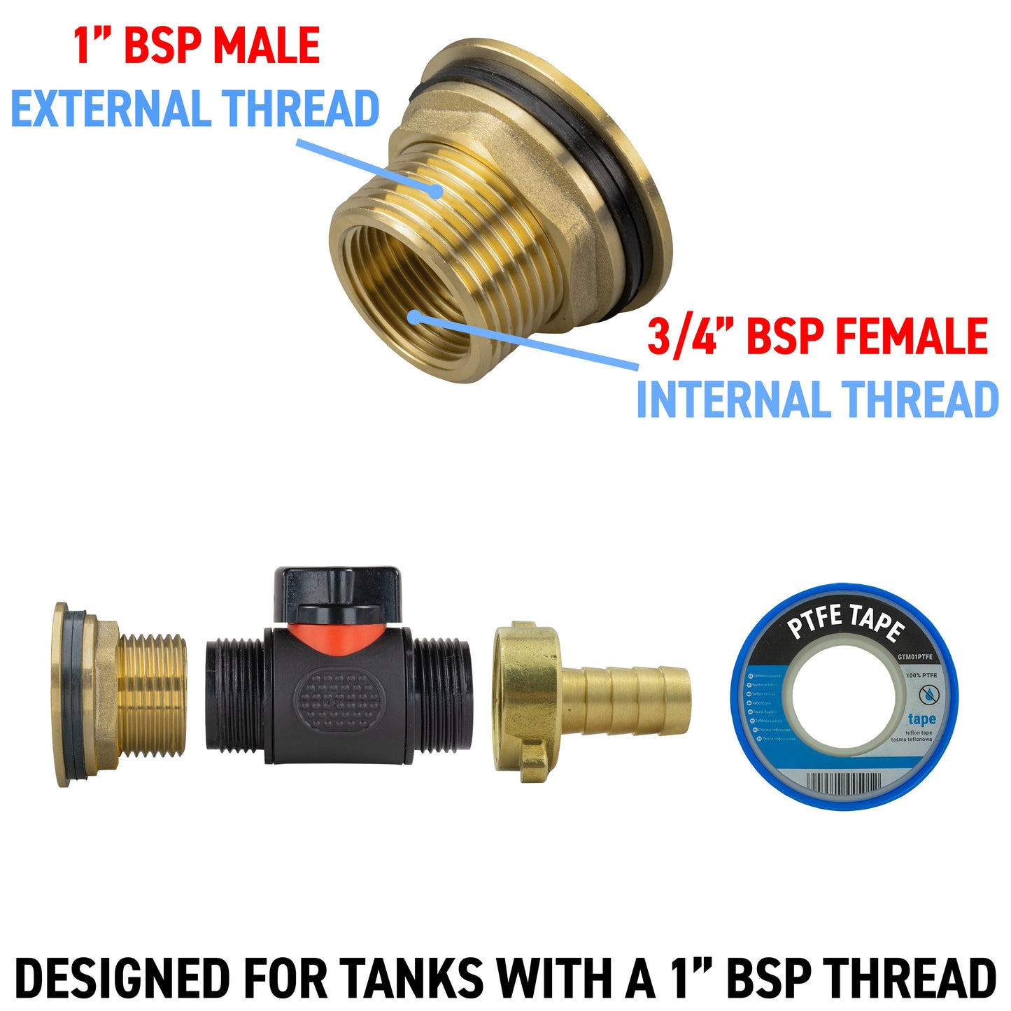 AP Supplies Water Butt Brass Kit 1" with In-Line Valve + 1/2" Brass Barb and Drill Bit