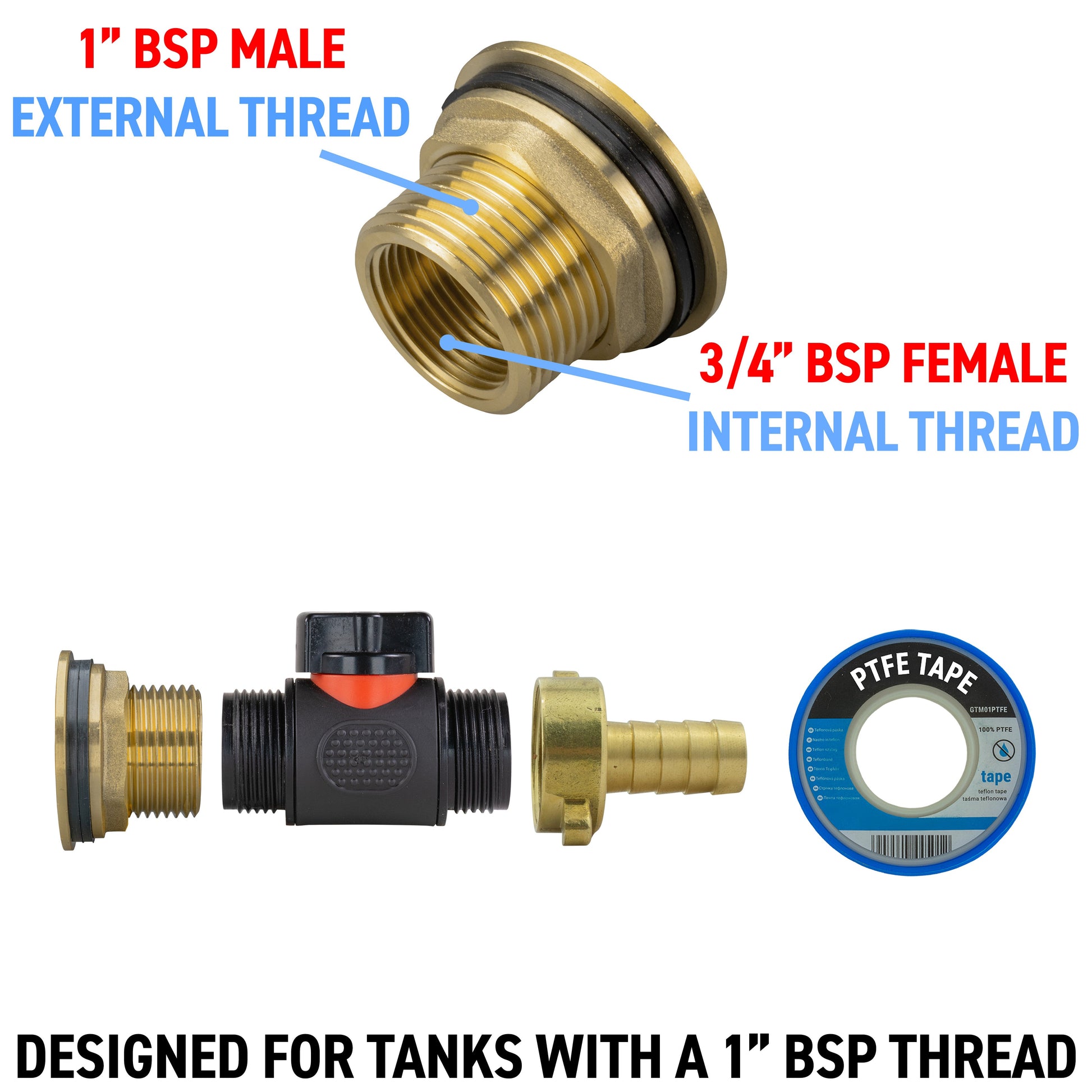 AP Supplies Water Butt Brass Kit 1" with In-Line Valve + 1/2" Brass Barb and Drill Bit