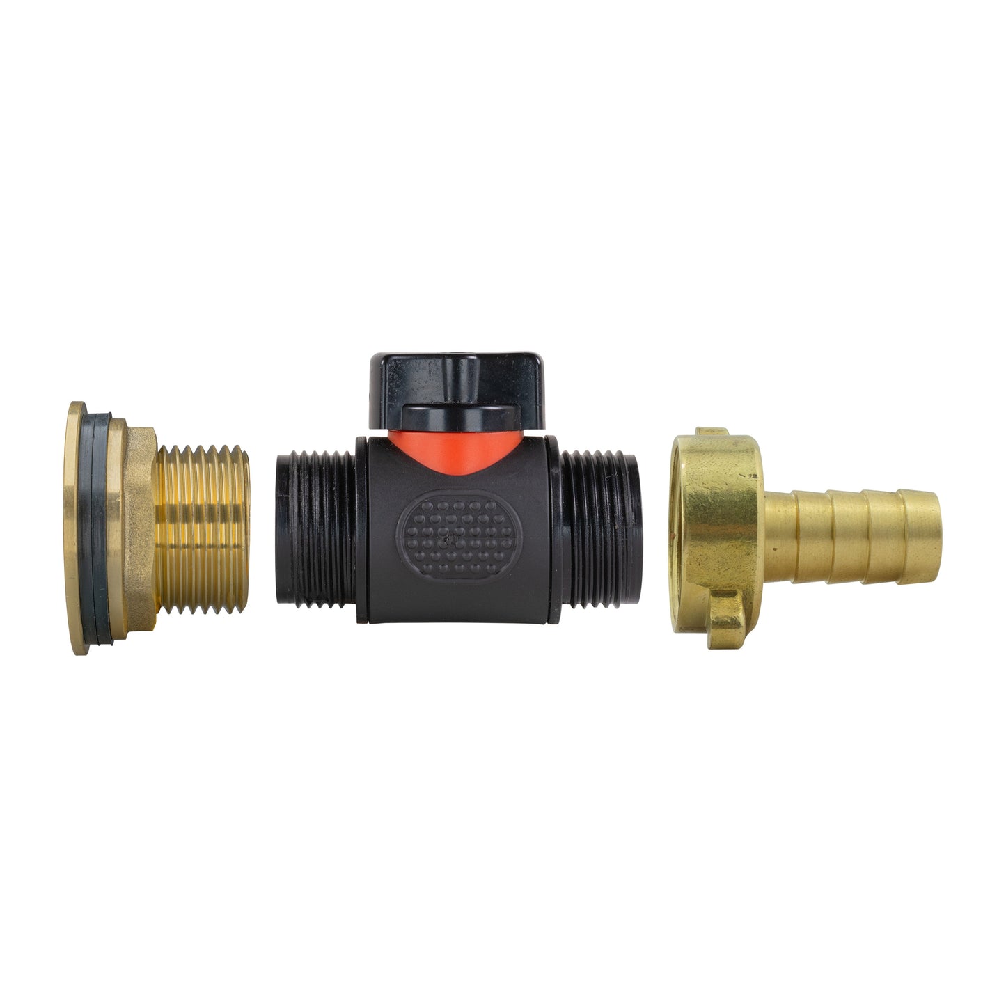 Water Butt Brass Kit 1in with In-Line Valve + 1/2in Brass Barb Hose Pipe Fitting