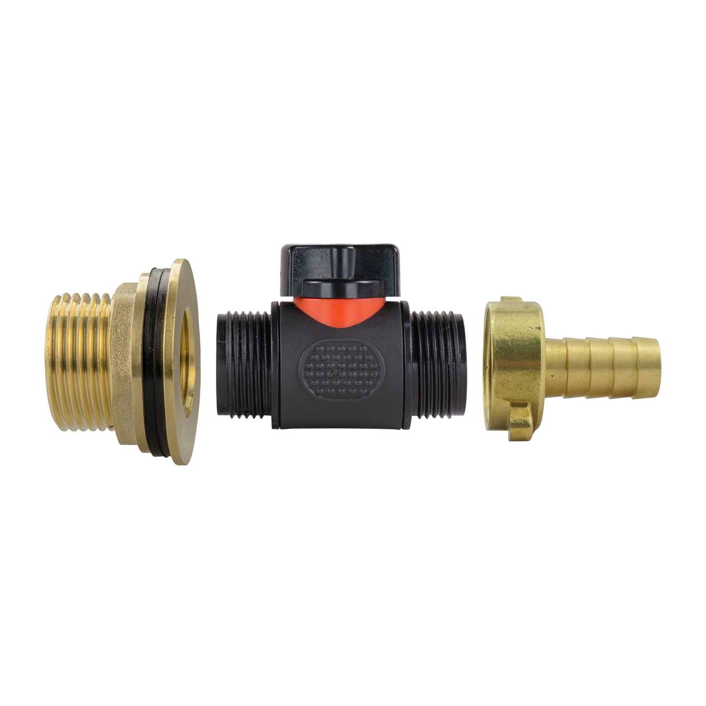 Water Butt Brass Kit 1in with In-Line Valve + 1/2in Brass Barb Hose Pipe Fitting