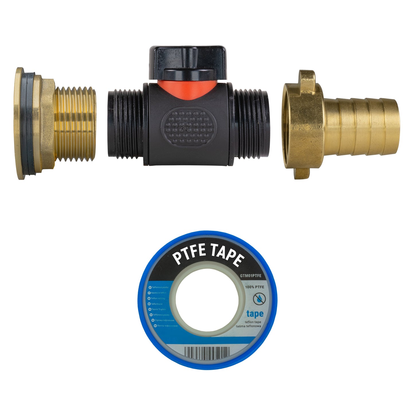 AP Supplies Water Butt Brass Kit 1" with In-Line Valve + 3/4" Brass Barb and Drill Bit