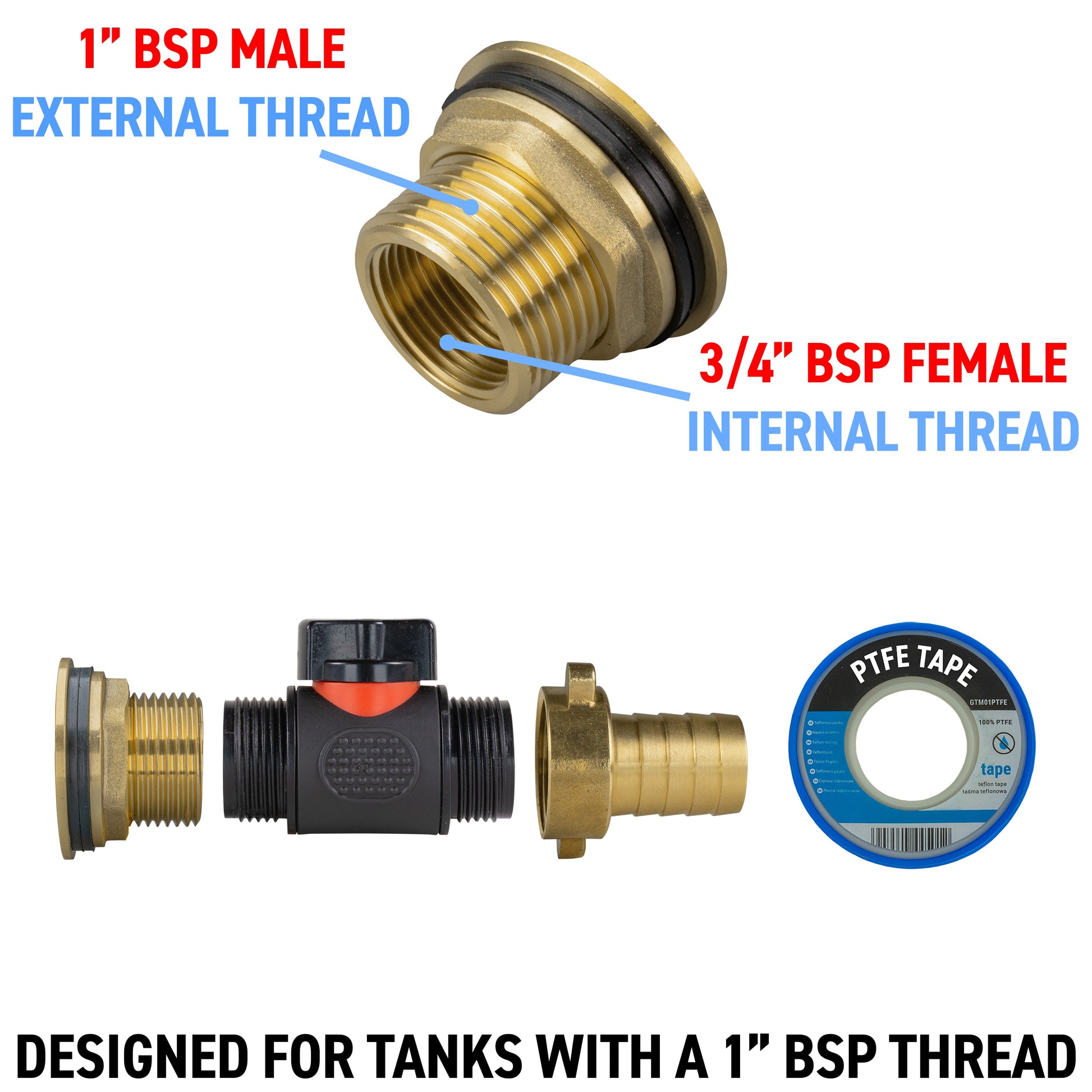 AP Supplies Water Butt Brass Kit 1" with In-Line Valve + 3/4" Brass Barb and Drill Bit