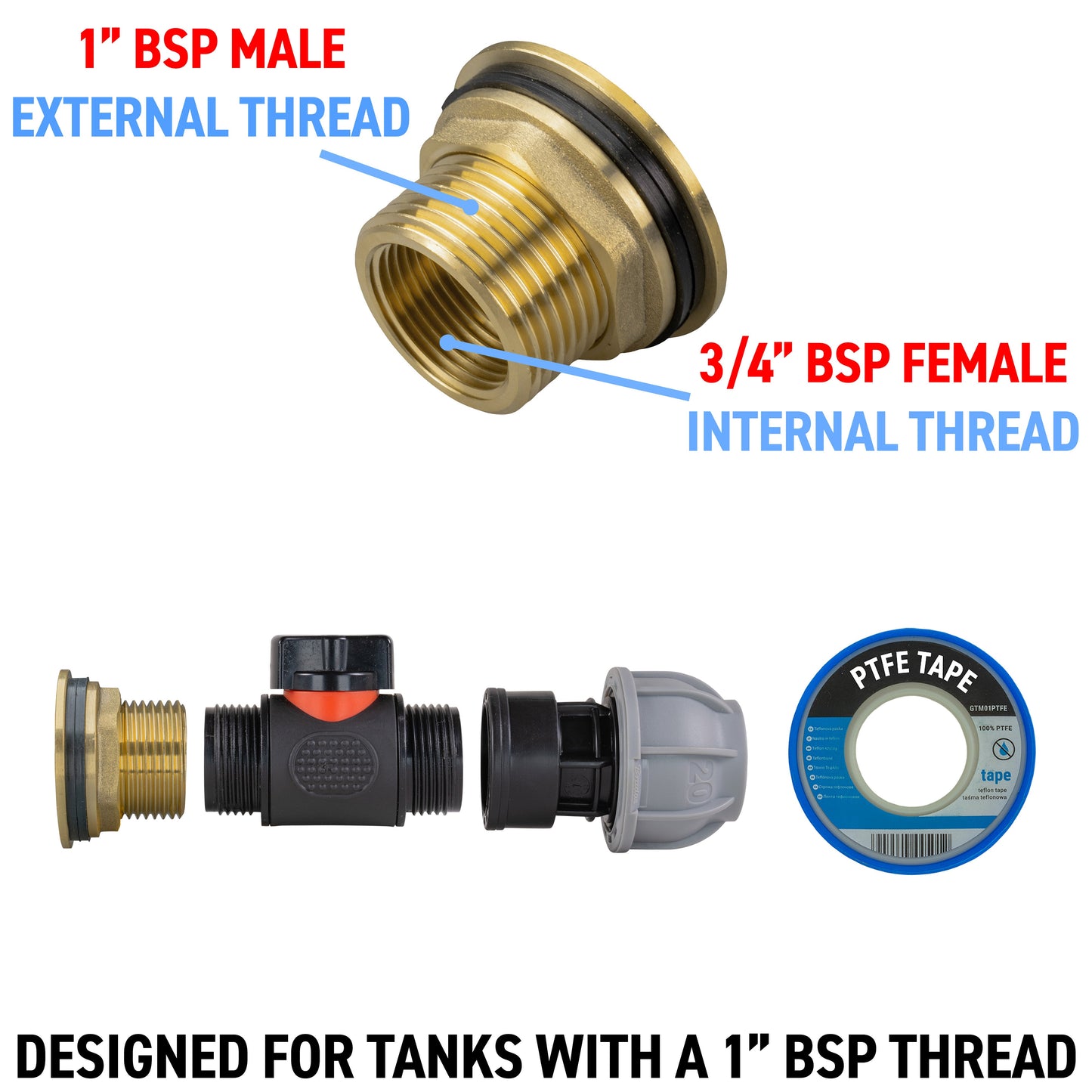AP Supplies Water Butt Brass Kit 1" with In-Line Valve + 20mm MDPE and Drill Bit