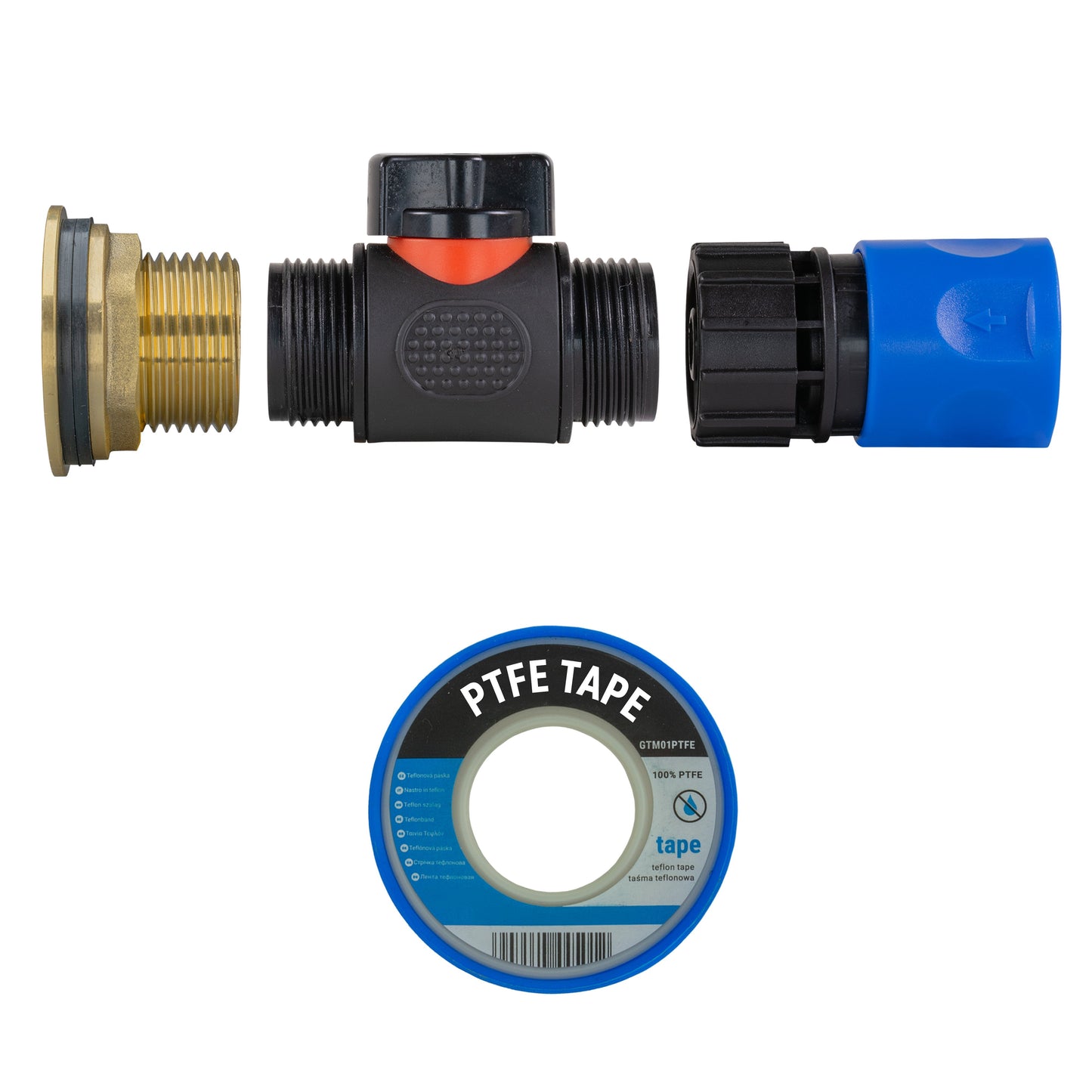 Water Butt Brass Kit 1in with In-Line Valve + Female Quick Connector Blue