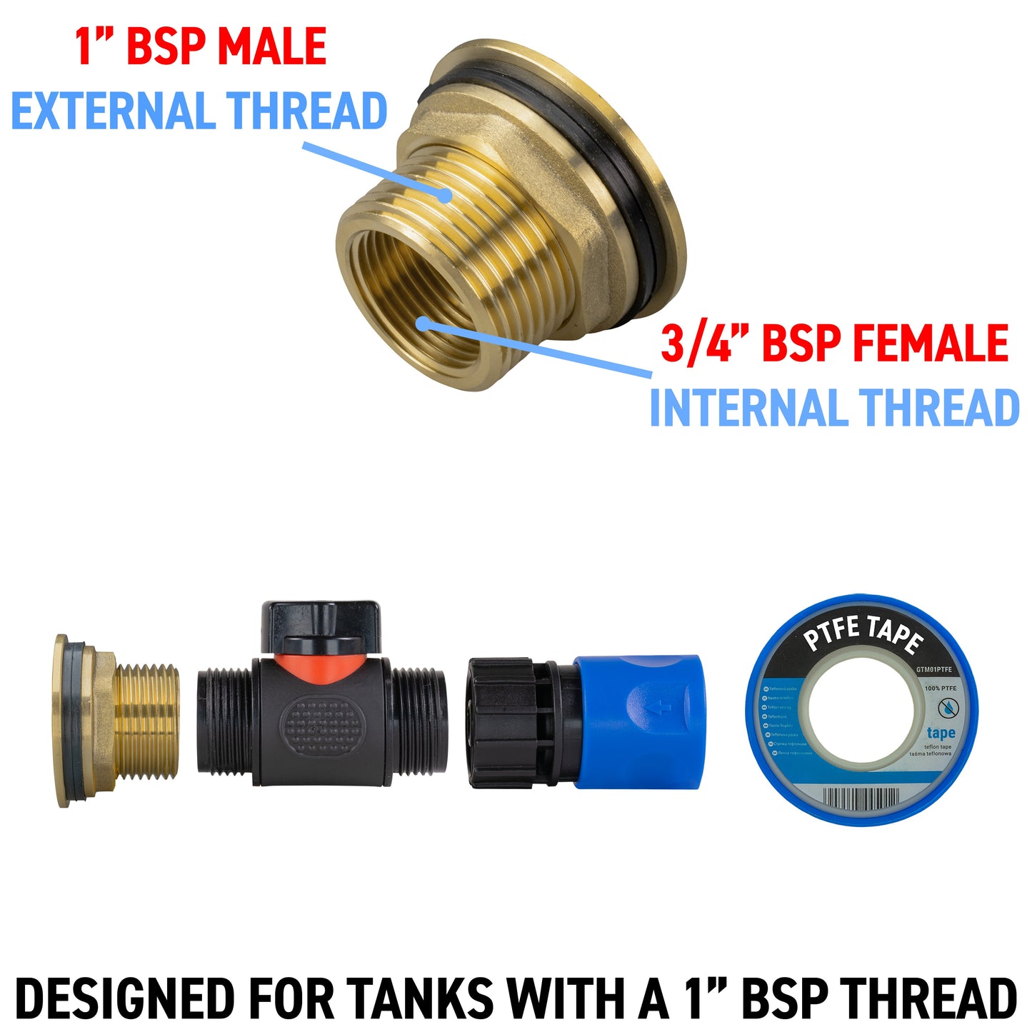 Water Butt Brass Kit 1in with In-Line Valve + Female Quick Connector Blue
