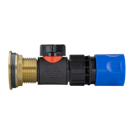 Water Butt Brass Kit 1in with In-Line Valve + Female Quick Connector Blue