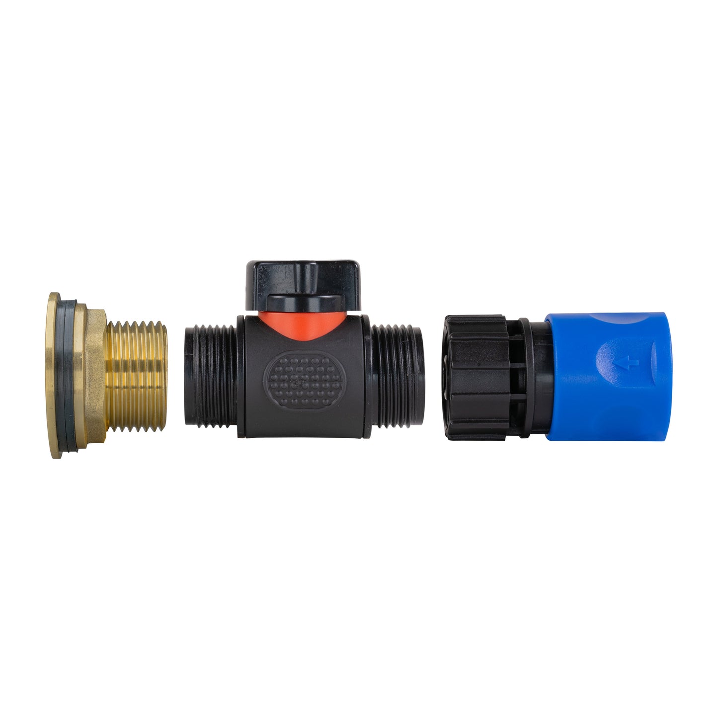 Water Butt Brass Kit 1in with In-Line Valve + Female Quick Connector Blue