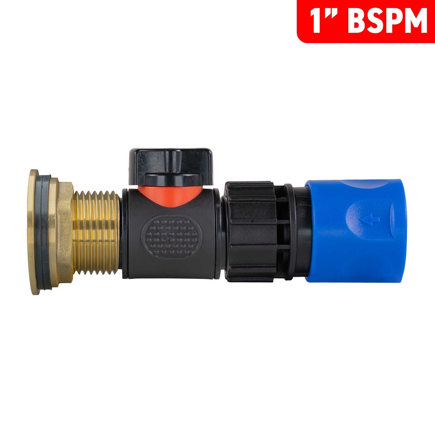Water Butt Brass Kit 1in with In-Line Valve + Female Quick Connector Blue