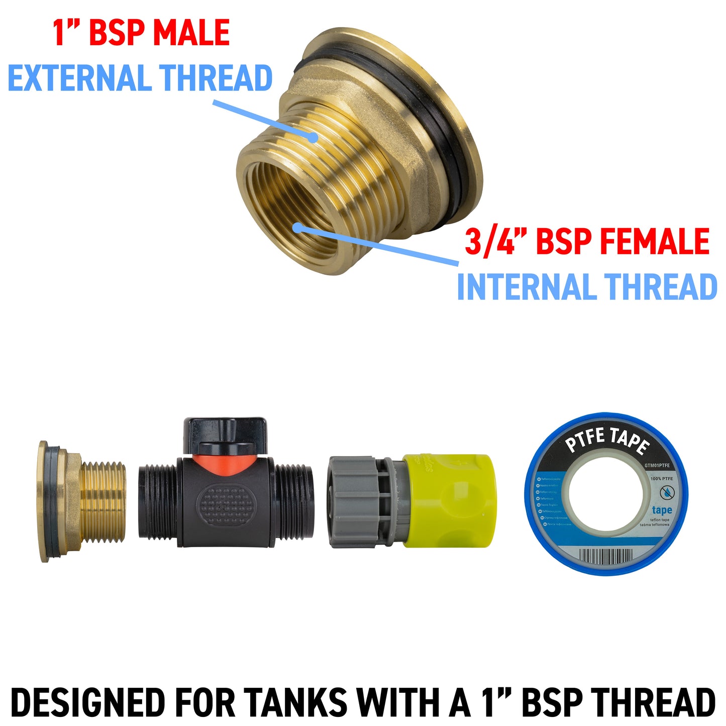 AP Supplies Water Butt Brass Kit 1" with In-Line Valve + Female Quick Connector Lime and Drill Bit