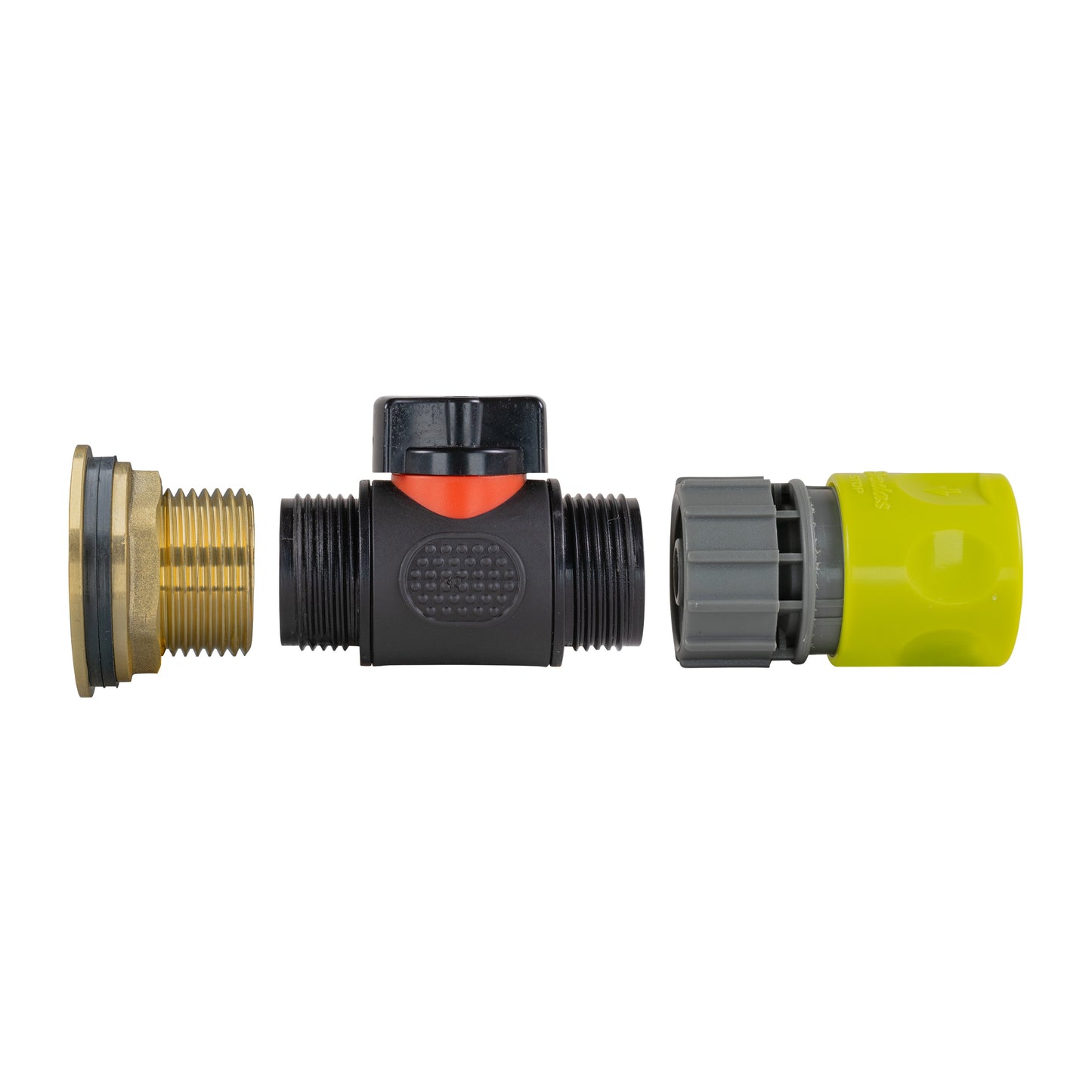 Water Butt Brass Kit 1in with In-Line Valve + Female Quick Connector Lime