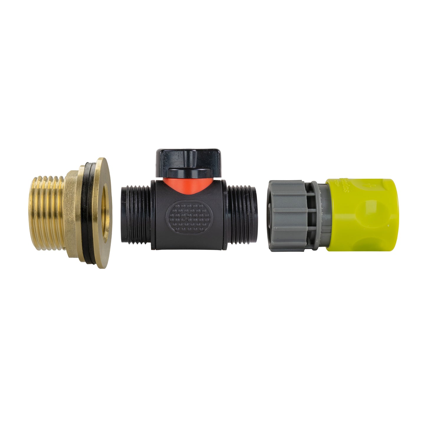 Water Butt Brass Kit 1in with In-Line Valve + Female Quick Connector Lime