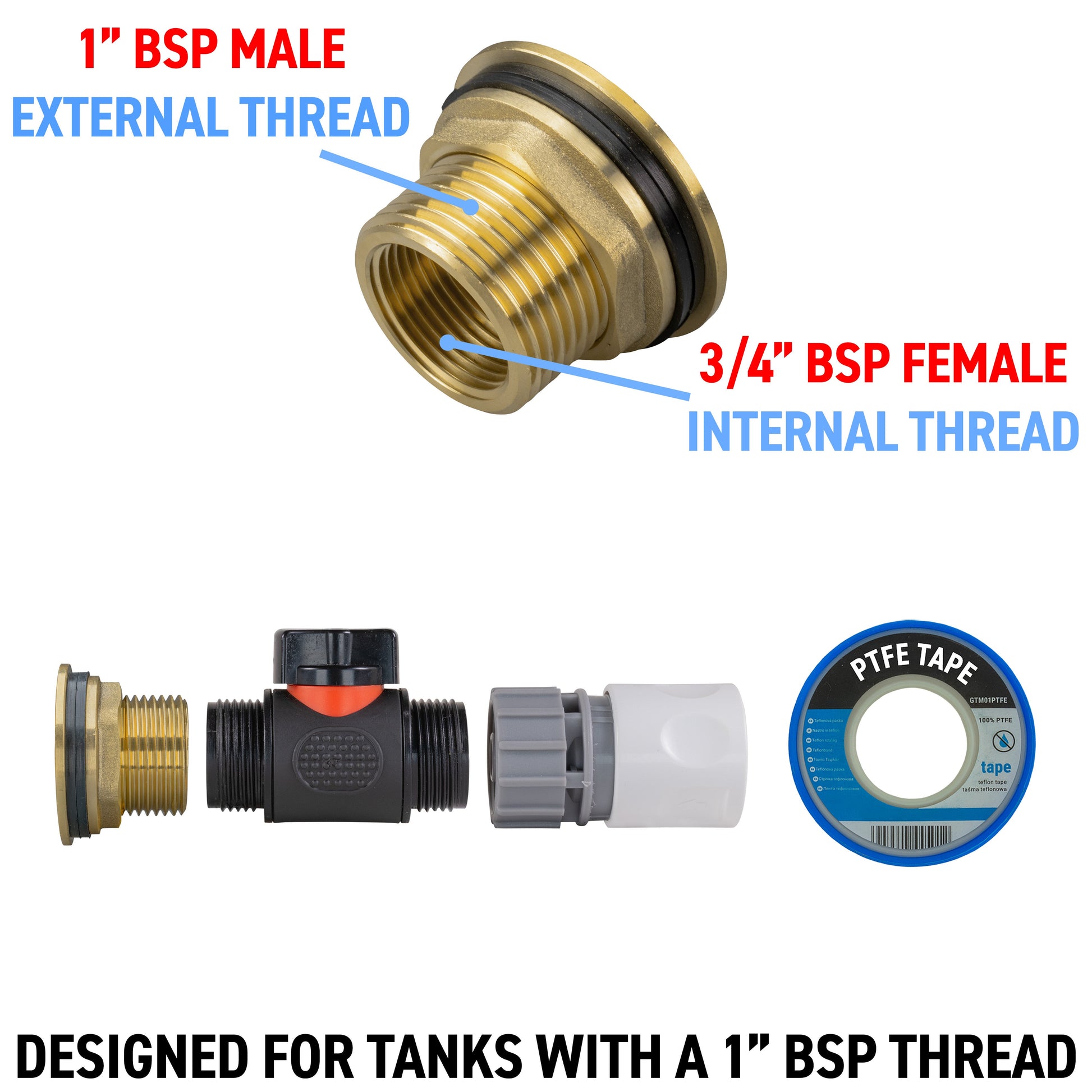 AP Supplies Water Butt Brass Kit 1" with In-Line Valve + Female Quick Connector WL and Drill Bit