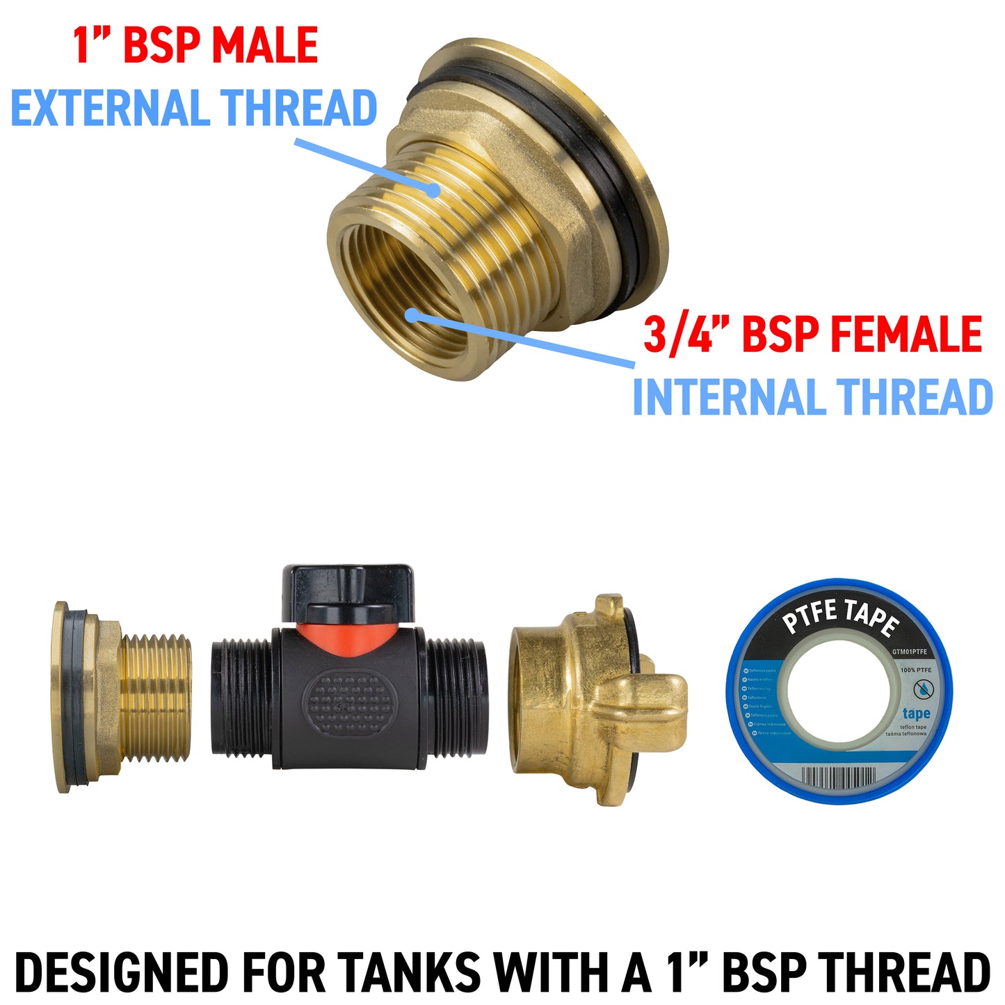 Water Butt Brass Kit 1in with In-Line Valve + Geka Water Connector Claw Coupling