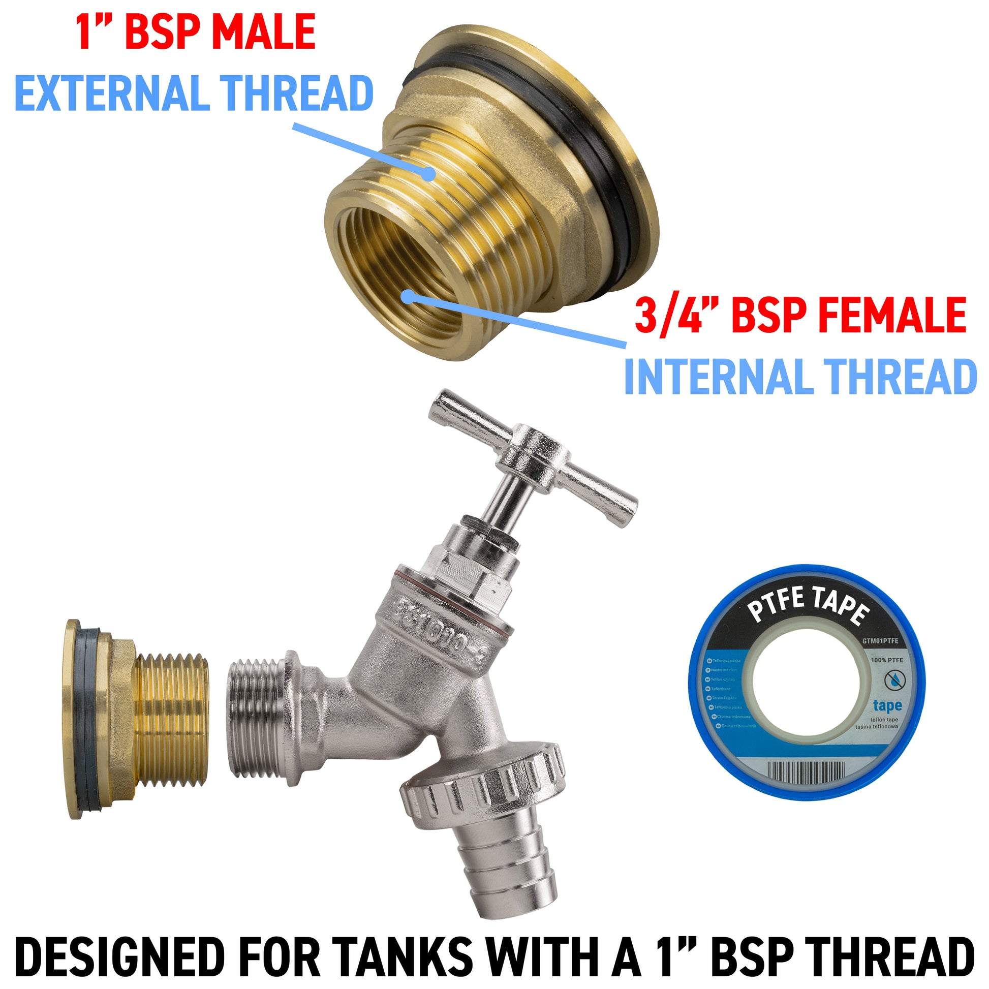 AP Supplies Water Butt Brass Kit 1" with Nickel Plated Barbed Tap and Drill Bit
