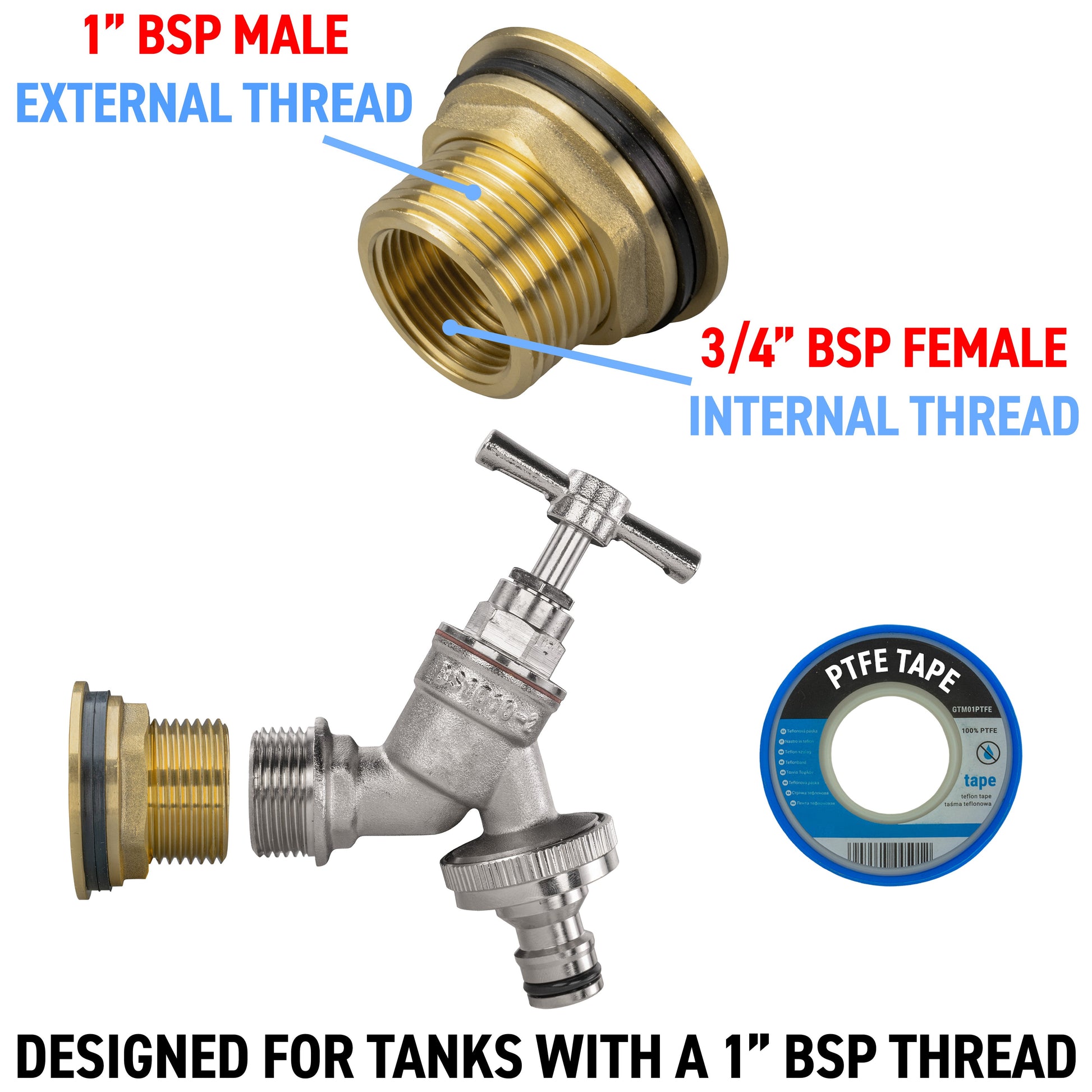 AP Supplies Water Butt Brass Kit 1" with Nickel Plated Quick Connect Tap and Drill Bit