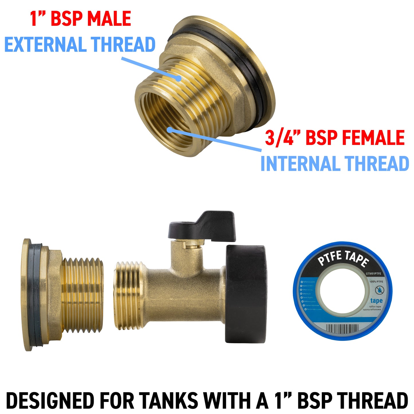 Water Butt Brass Kit 1in with Brass Valve Hose Connector Set Brass Water Fitting