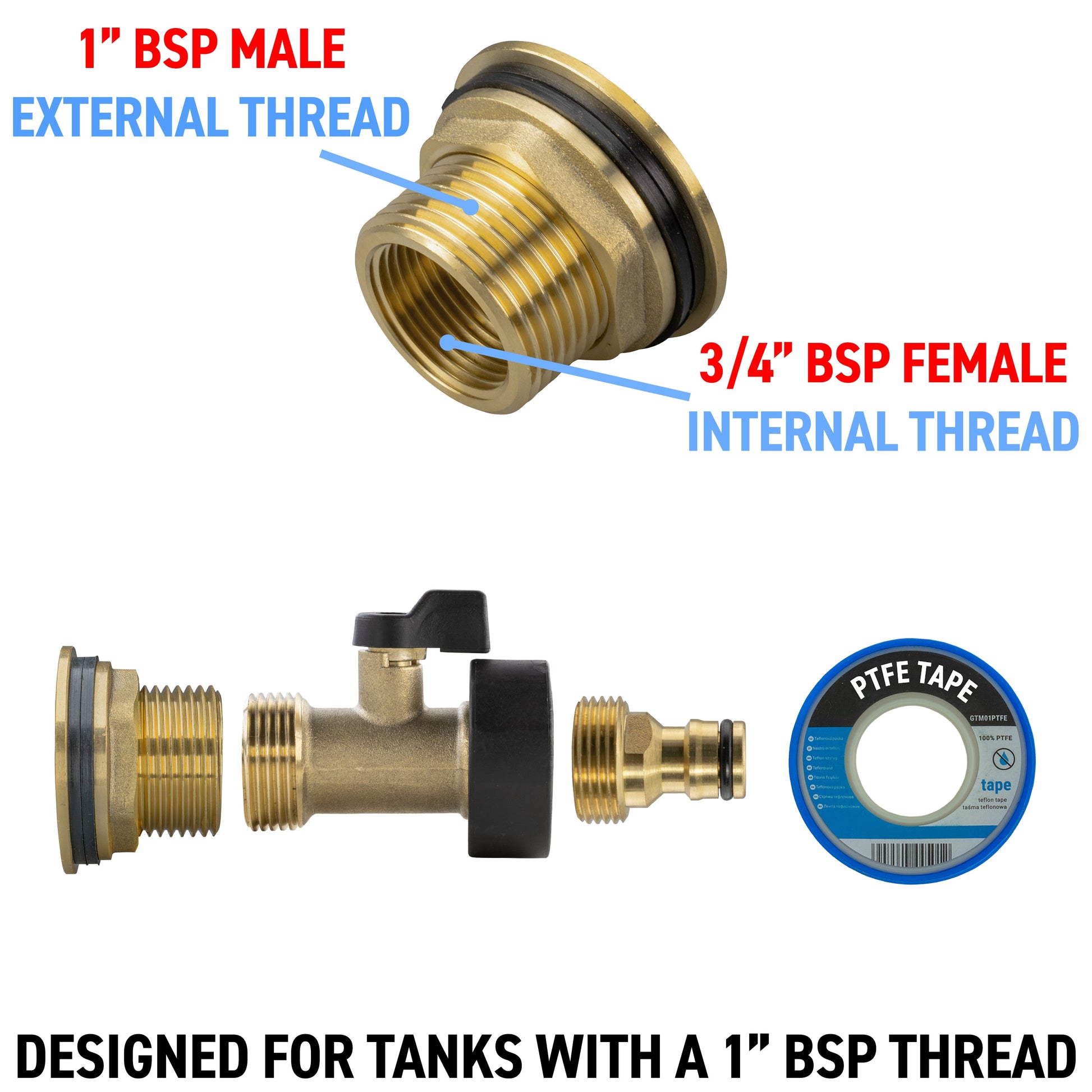 AP Supplies Water Butt Brass Kit 1" with Brass Valve + Quick Connect and Drill Bit