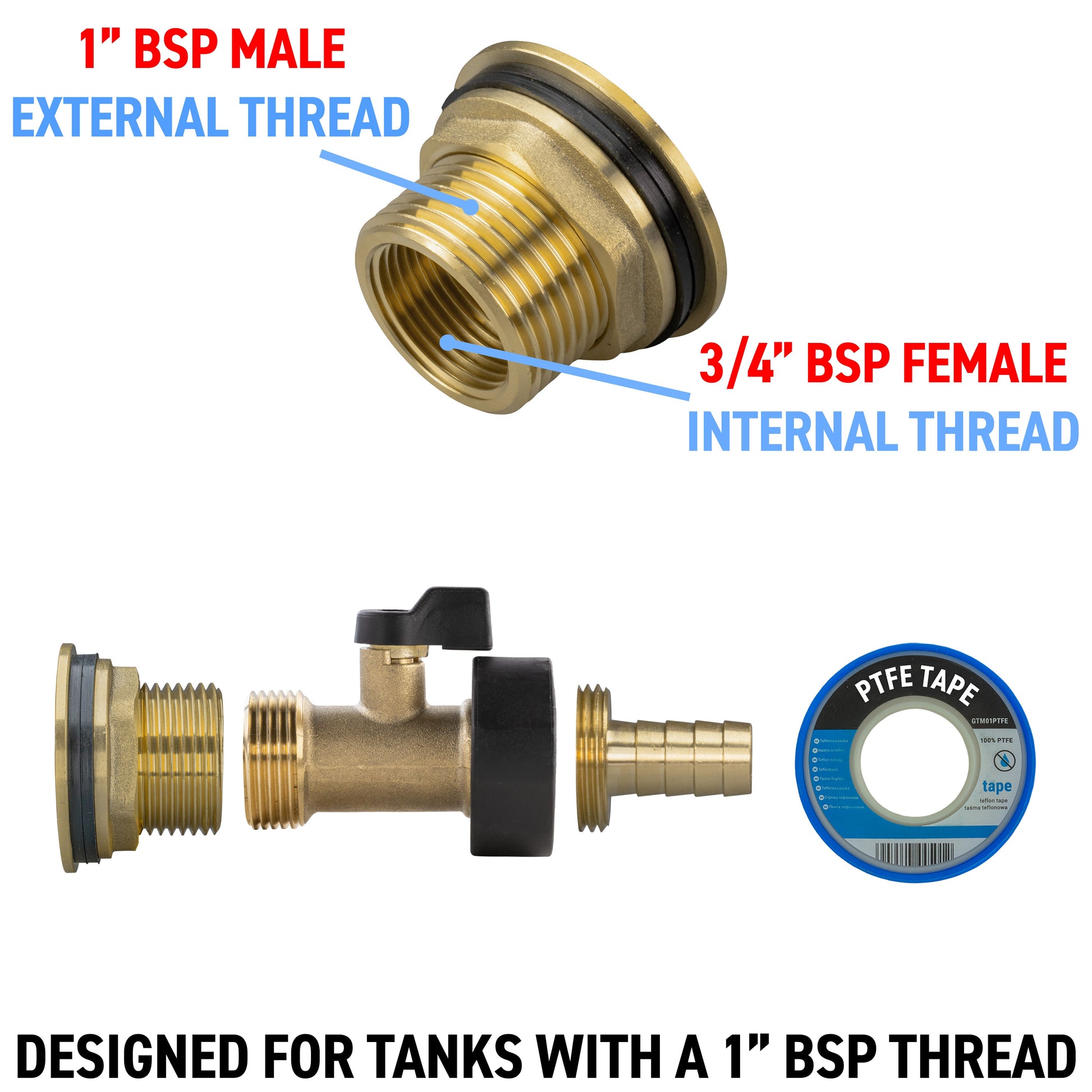 AP Supplies Water Butt Brass Kit 1" with Brass Valve + 13mm Barb and Drill Bit
